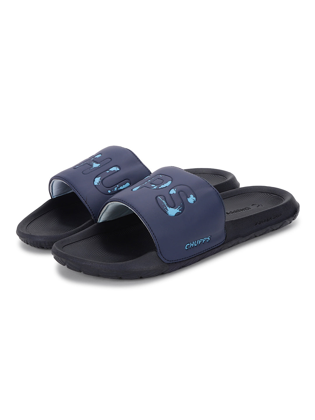 Pair of navy blue slides with black soles on a white background