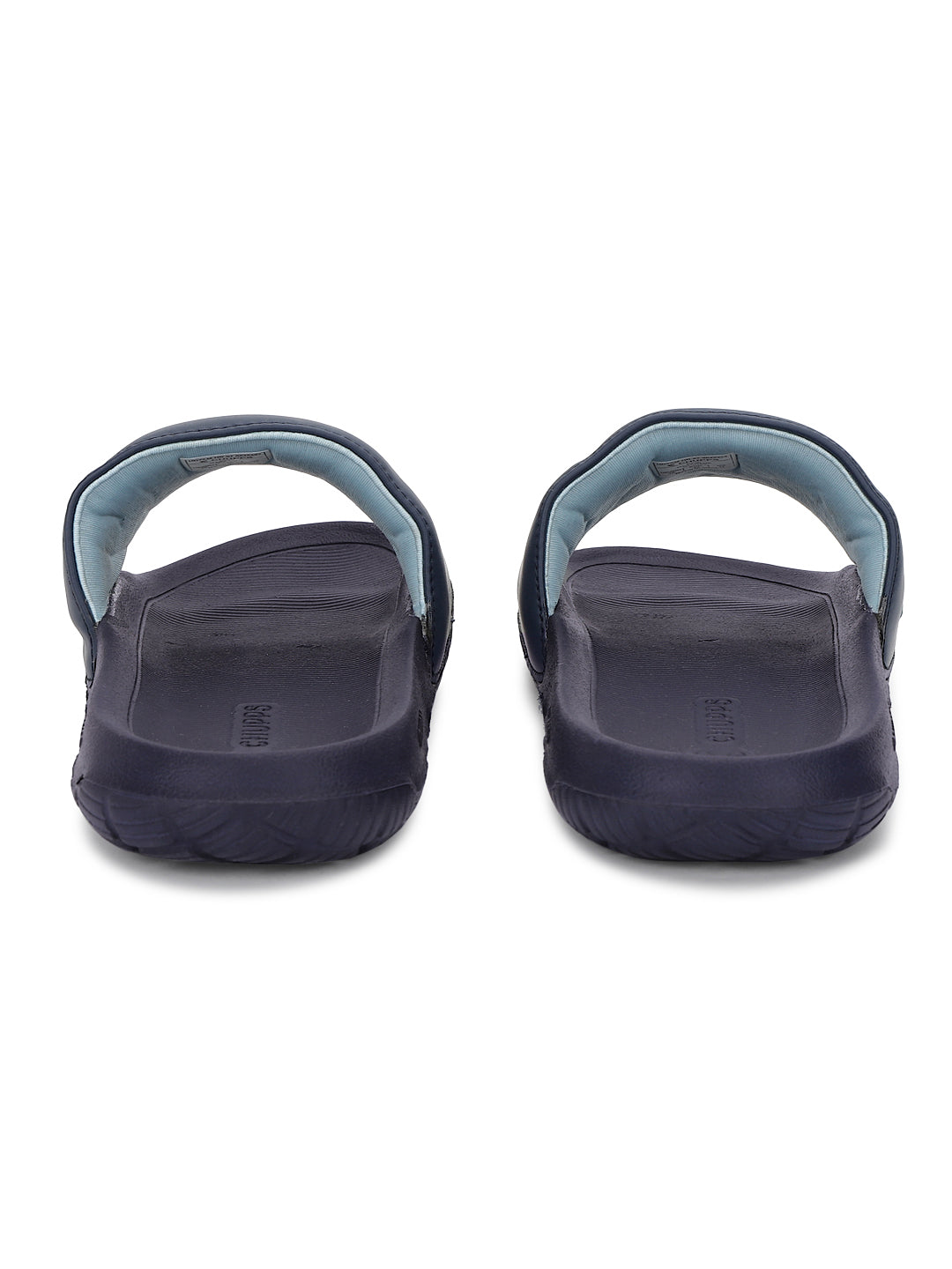 Pair of navy sandals with a light blue interior on a white background