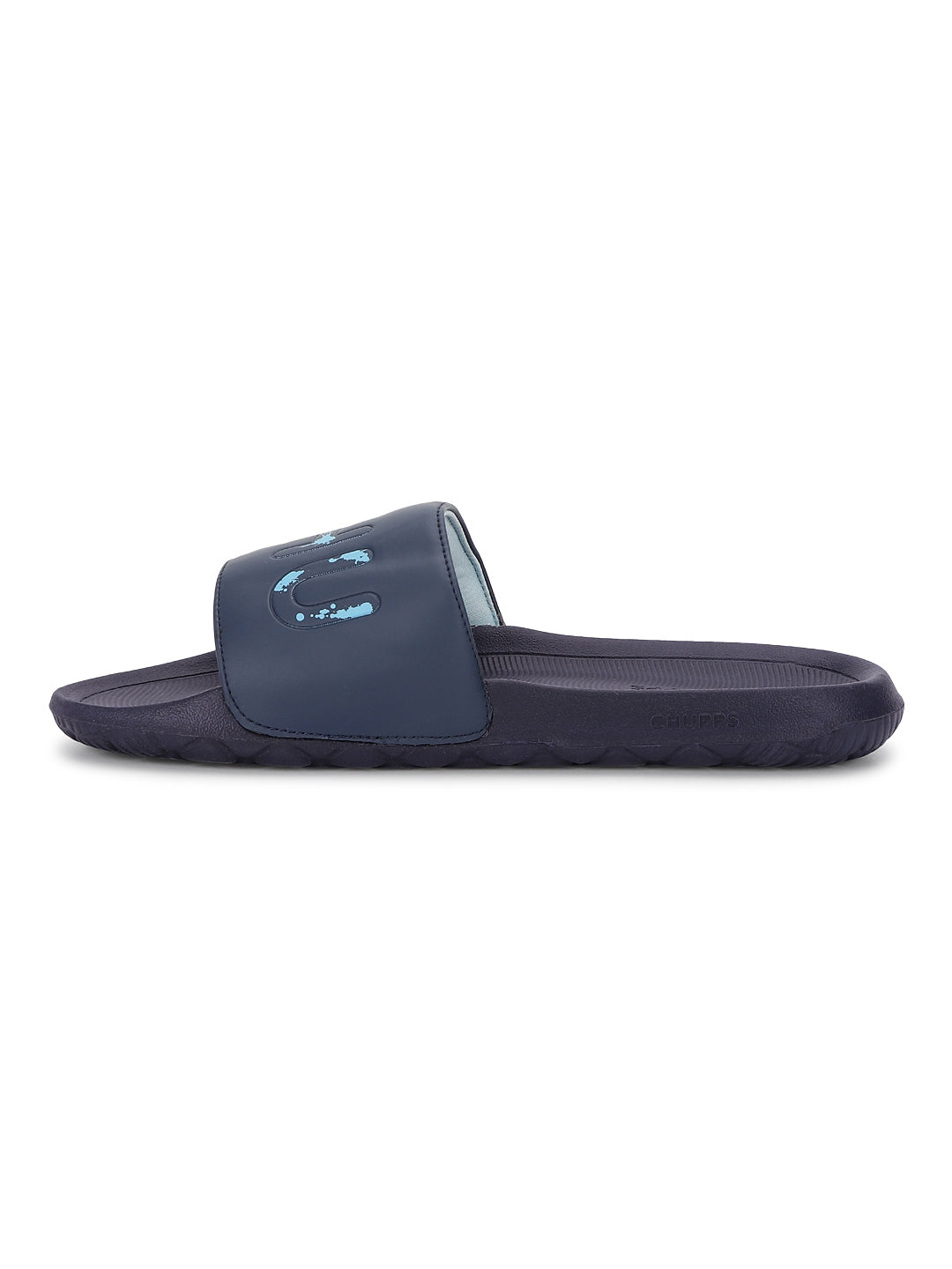 Navy slide sandal with a logo on a white background