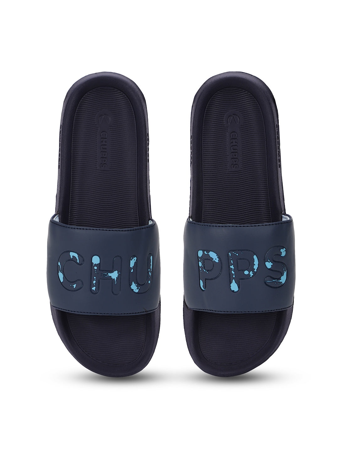 Pair of navy blue slides with CHU | PPS branding on a white background