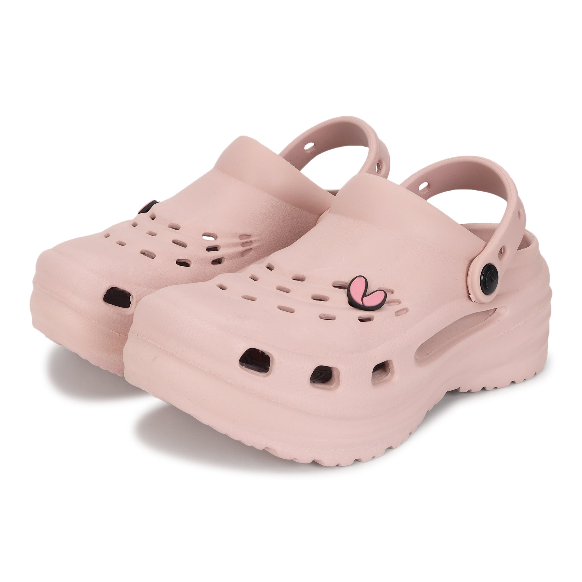 Pair of light pink clogs with breathable vent design ,Lightweight and flexible .
