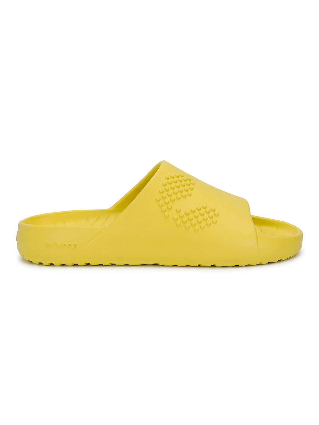 100% bio-degradable yellow Chupster sandal on a white background