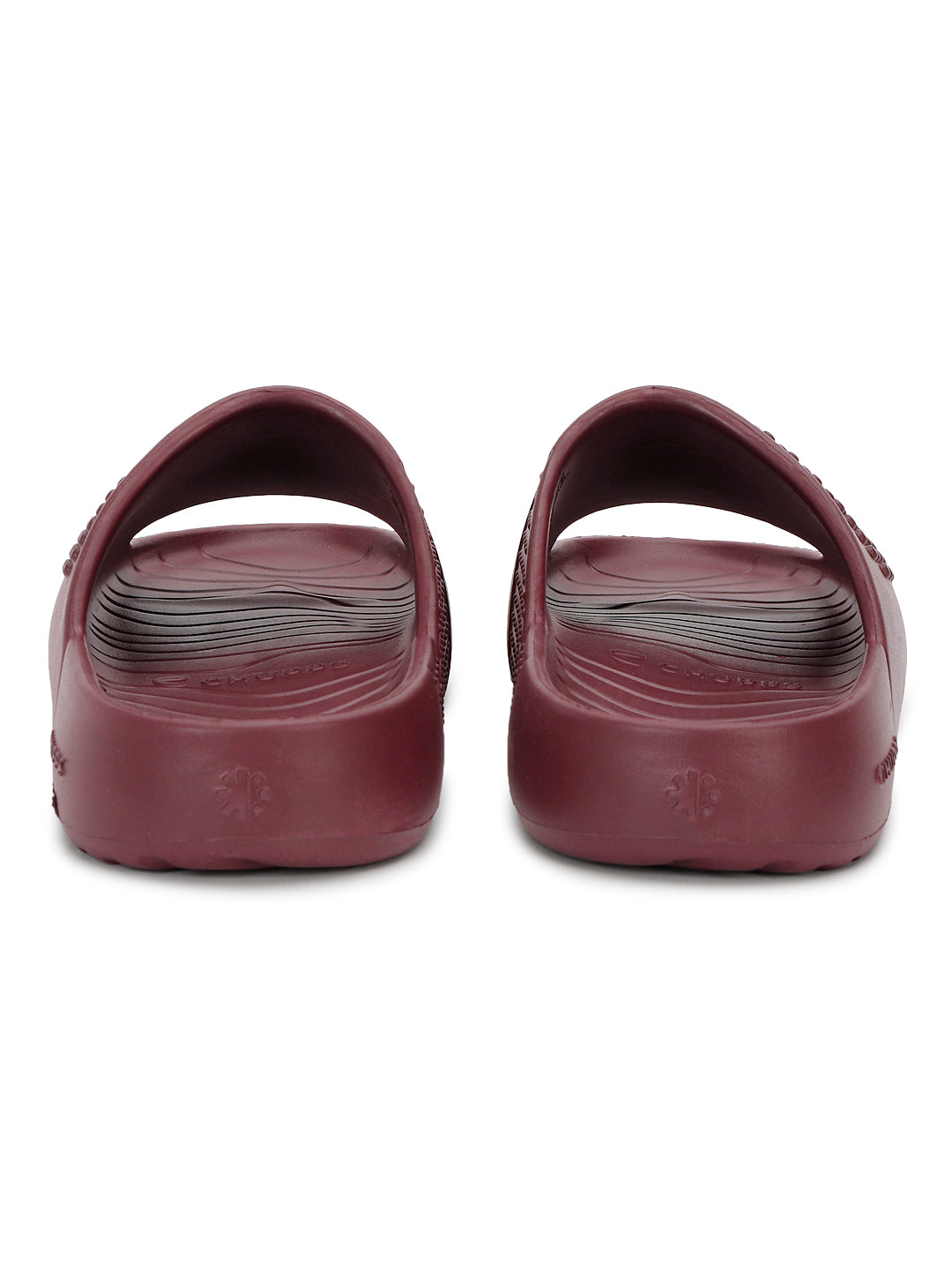 Foot POV pair of maroon Chupster on a white background