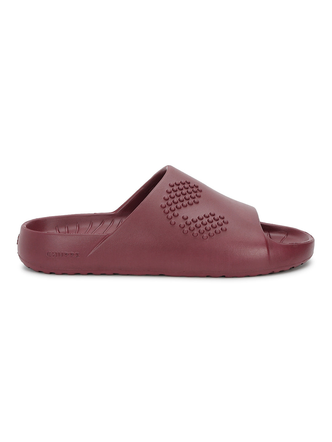 100% Bio degradable maroon Chupster with dotted pattern and rubberized textured sole on a white background