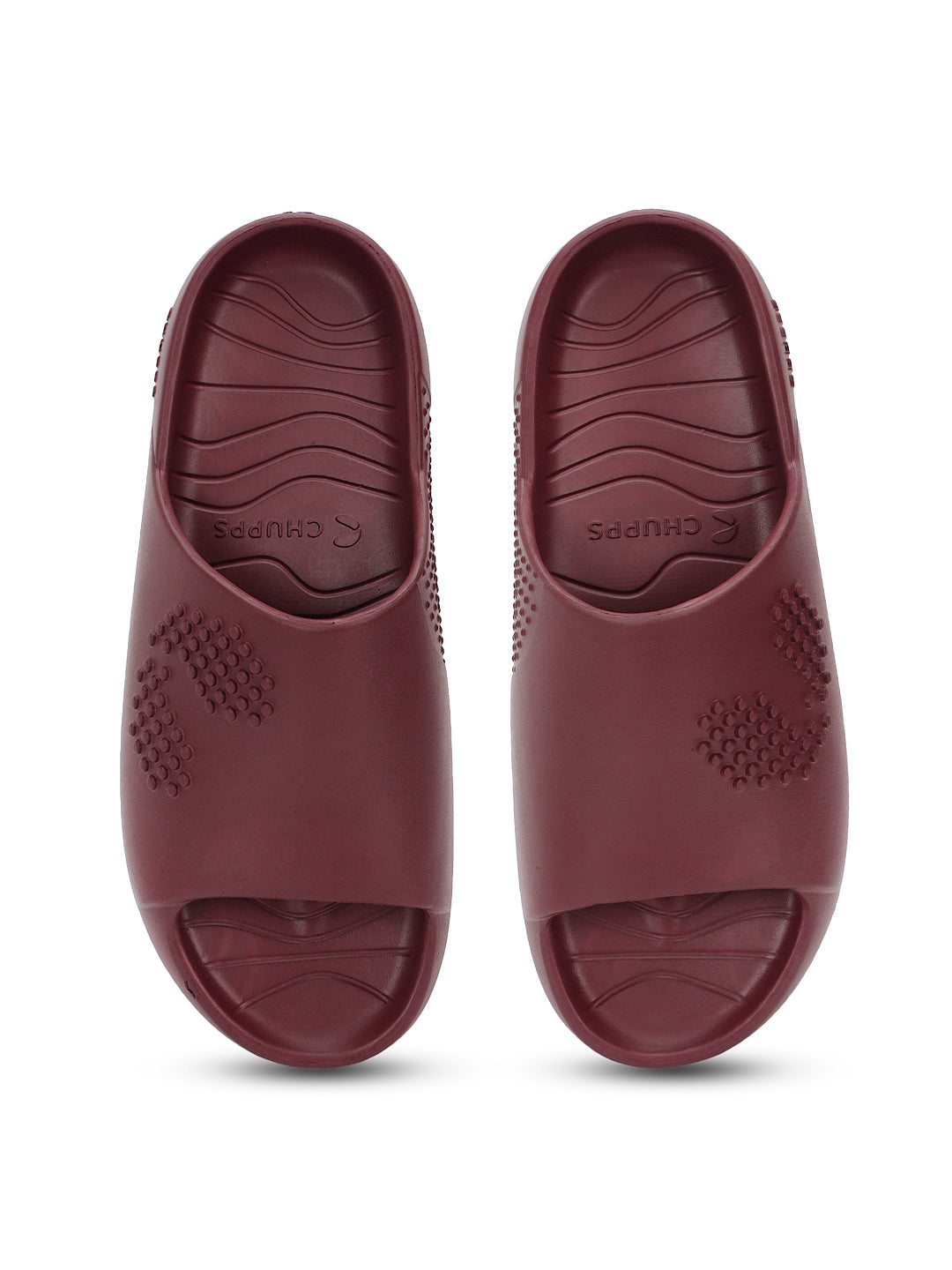 Pair of maroon Chupster with textured pattern on a white background
