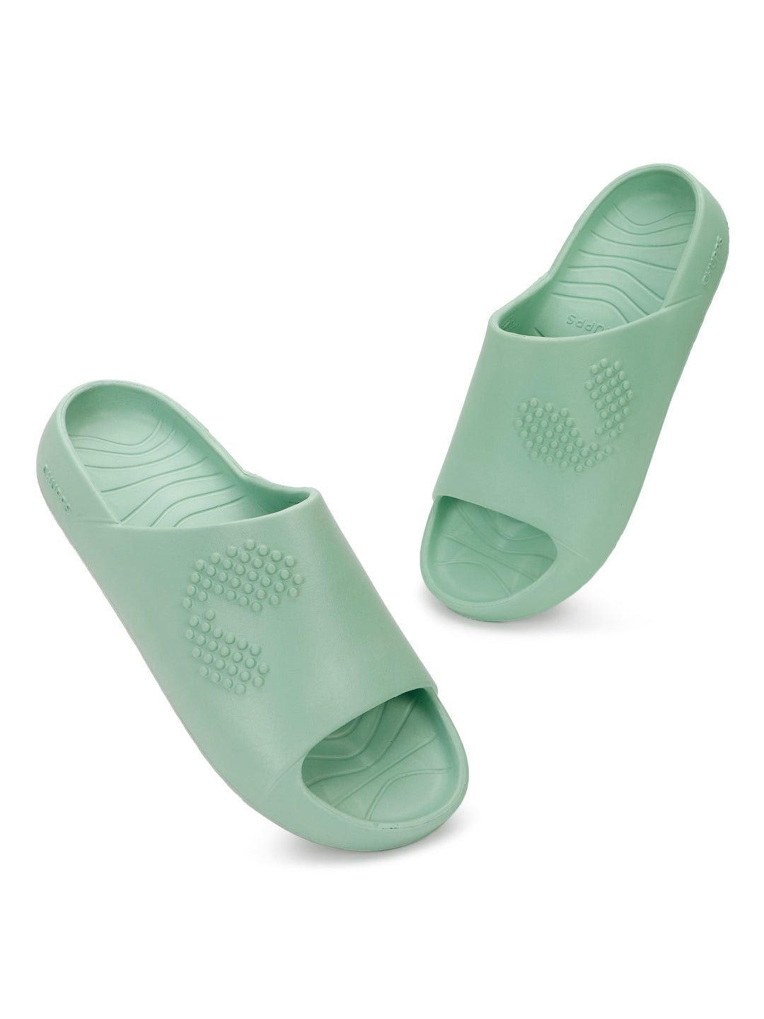 Dynamic view of Pista Green Chupster waterproof slider with open toe and sealed edges.