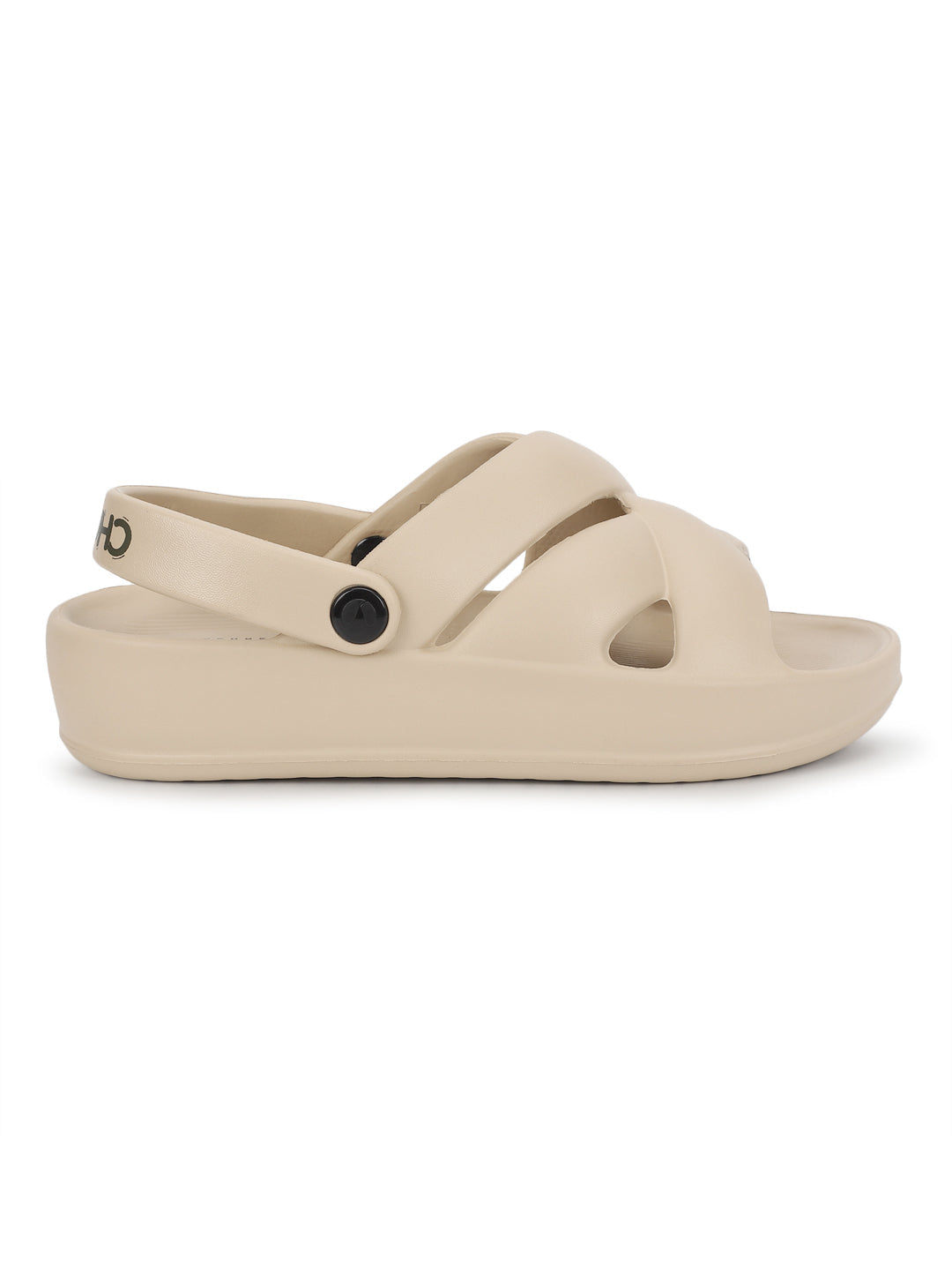 Side view of cushioned sole and curved footbed