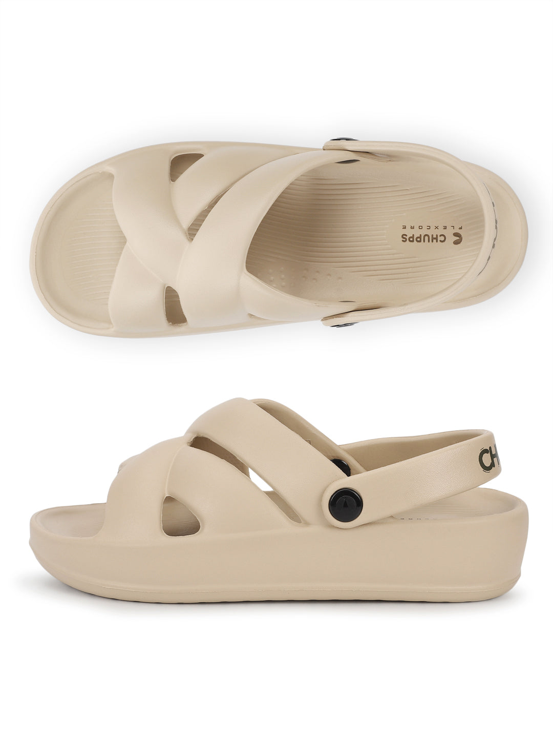 You and Side view of cushioned sole and curved footbed