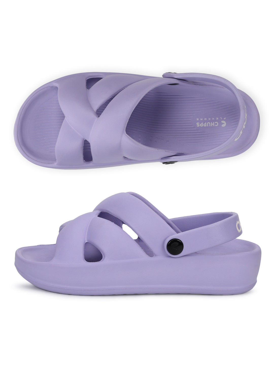 Side view of cushioned sole and curved footbed