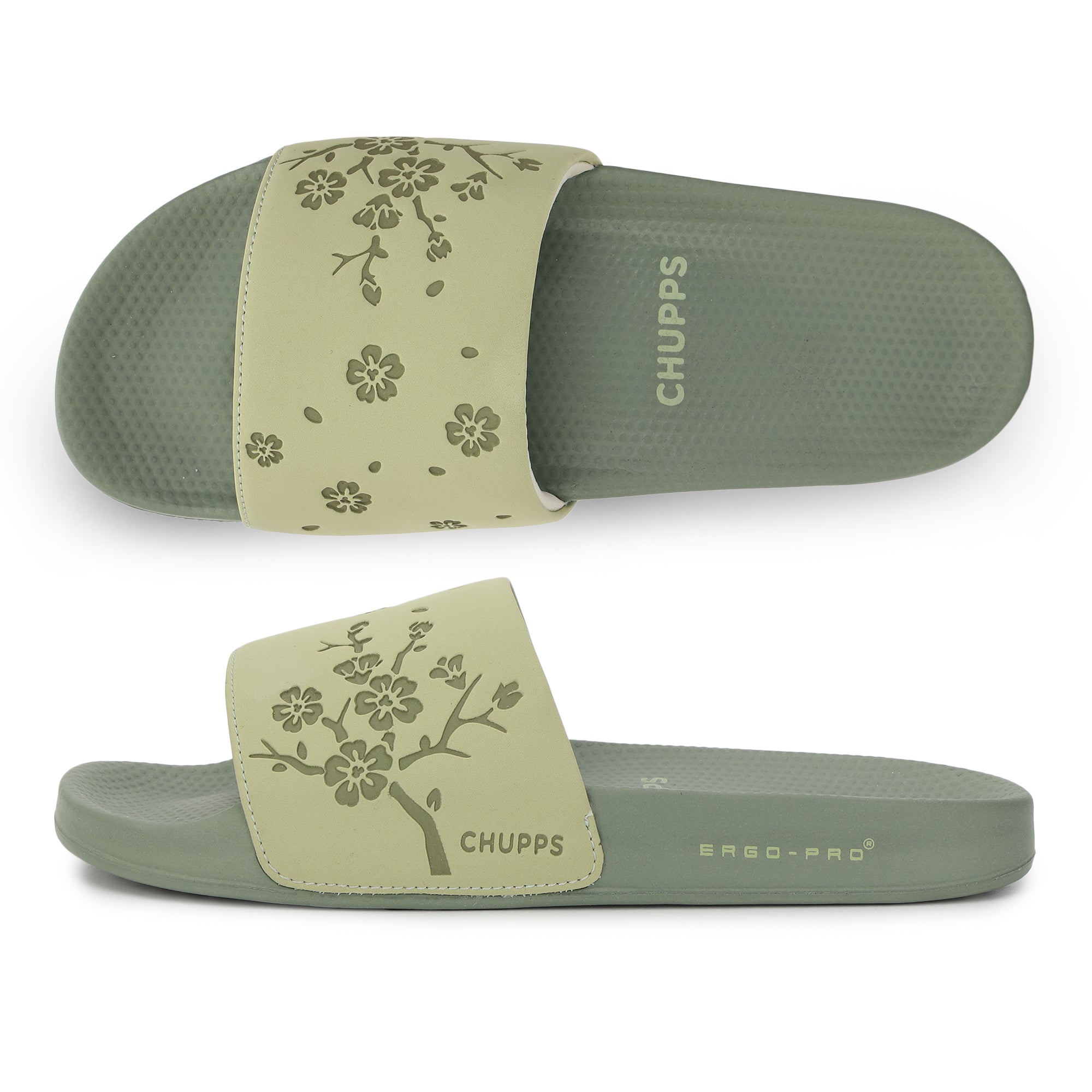 Side  and top view of Pista Green sliders highlighting slim strap and minimal profile.