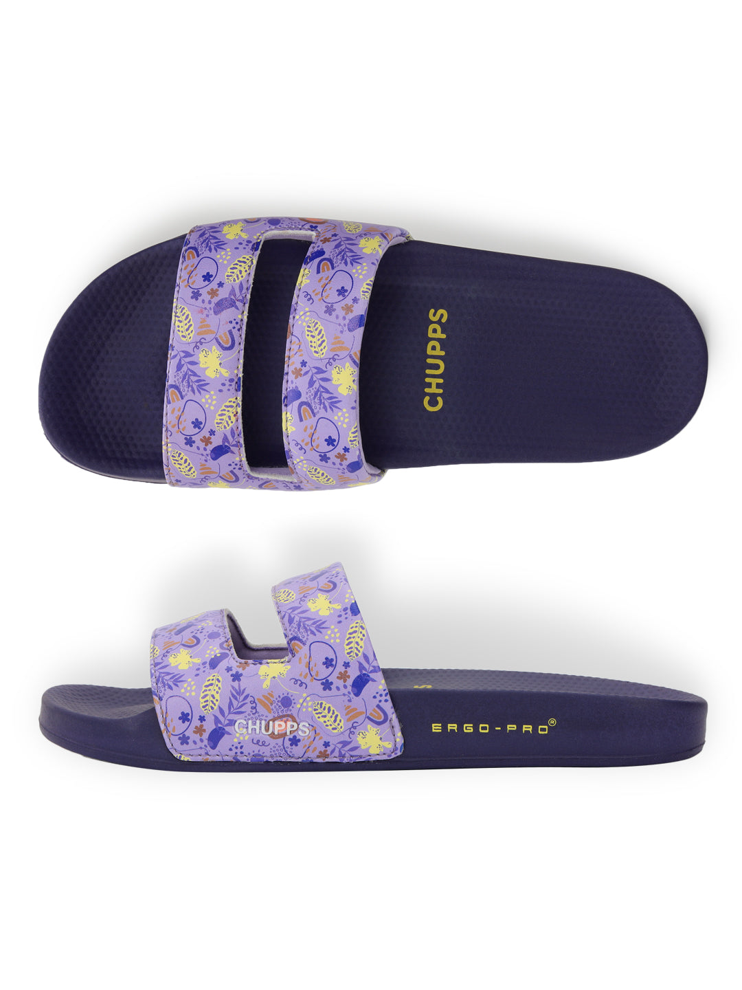 Purple slide sandals with floral pattern on straps and &#39;Chubbs&#39; branding on a white background