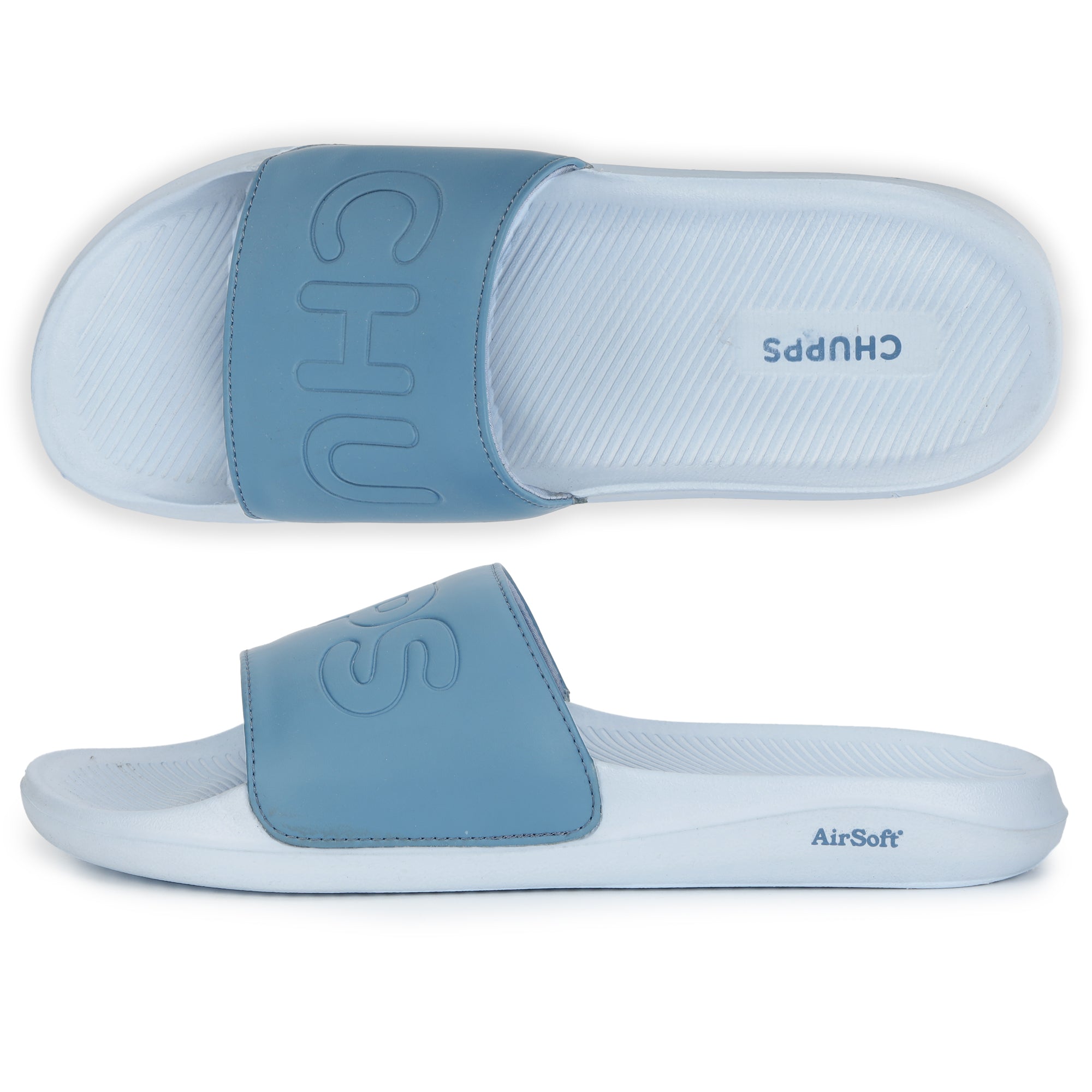 Top and side view of sky blue sliders for men with cushioned base