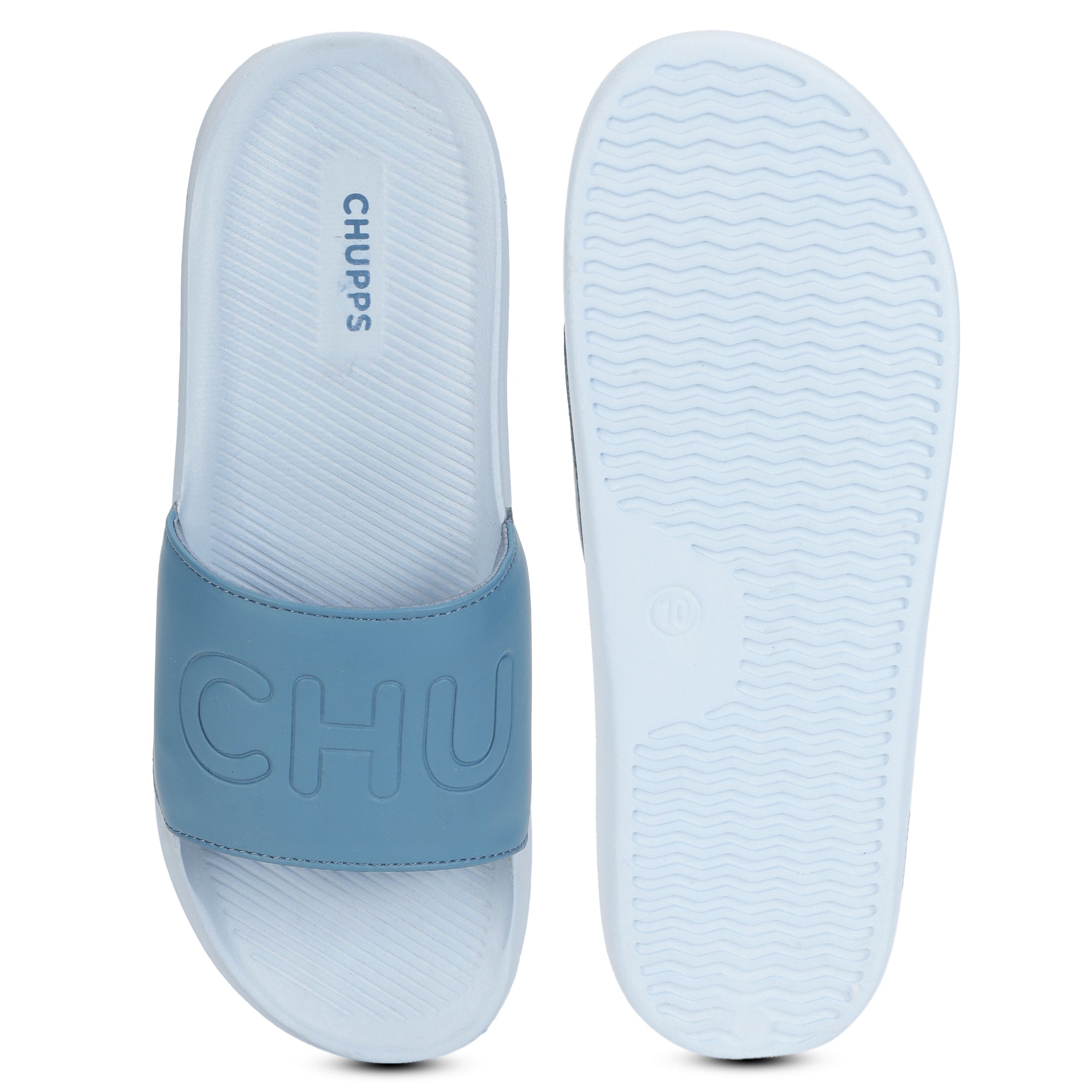 Top view of sky blue sliders and sole for men with cushioned base