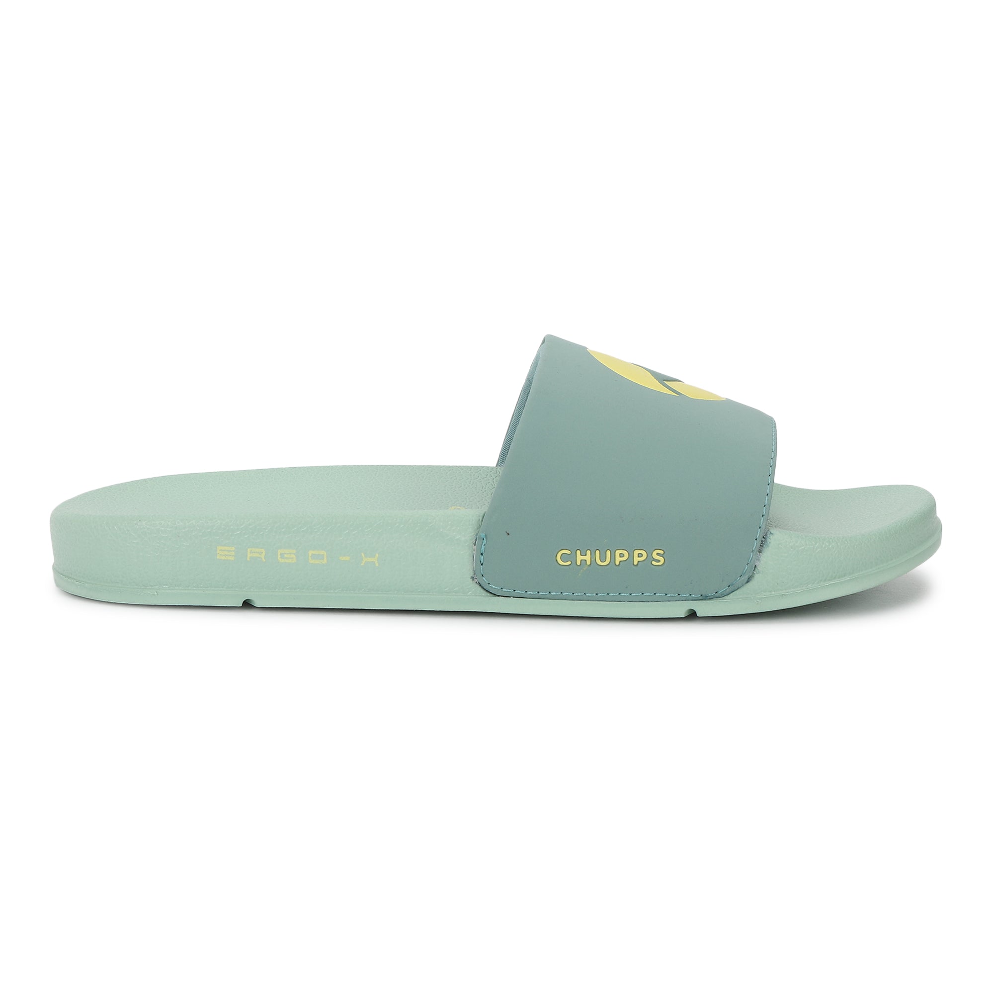 Light green slide sandal with 'Chupps' branding on a white background