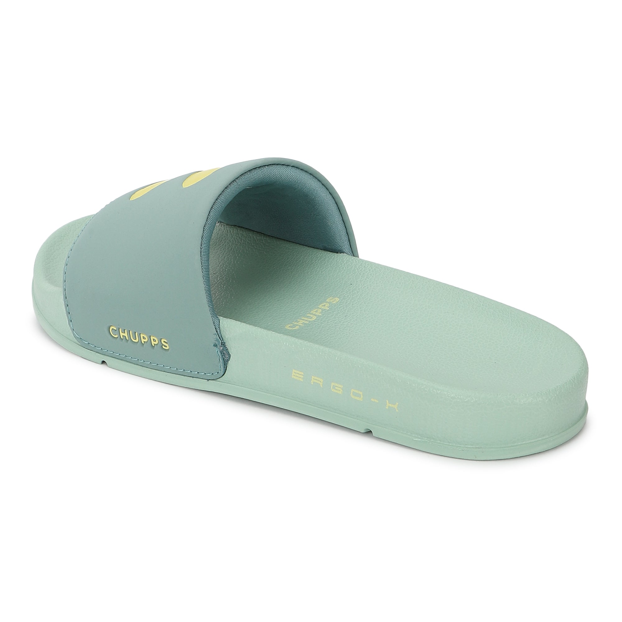 Light green slide sandal with &#39;Chumps&#39; branding on a white background