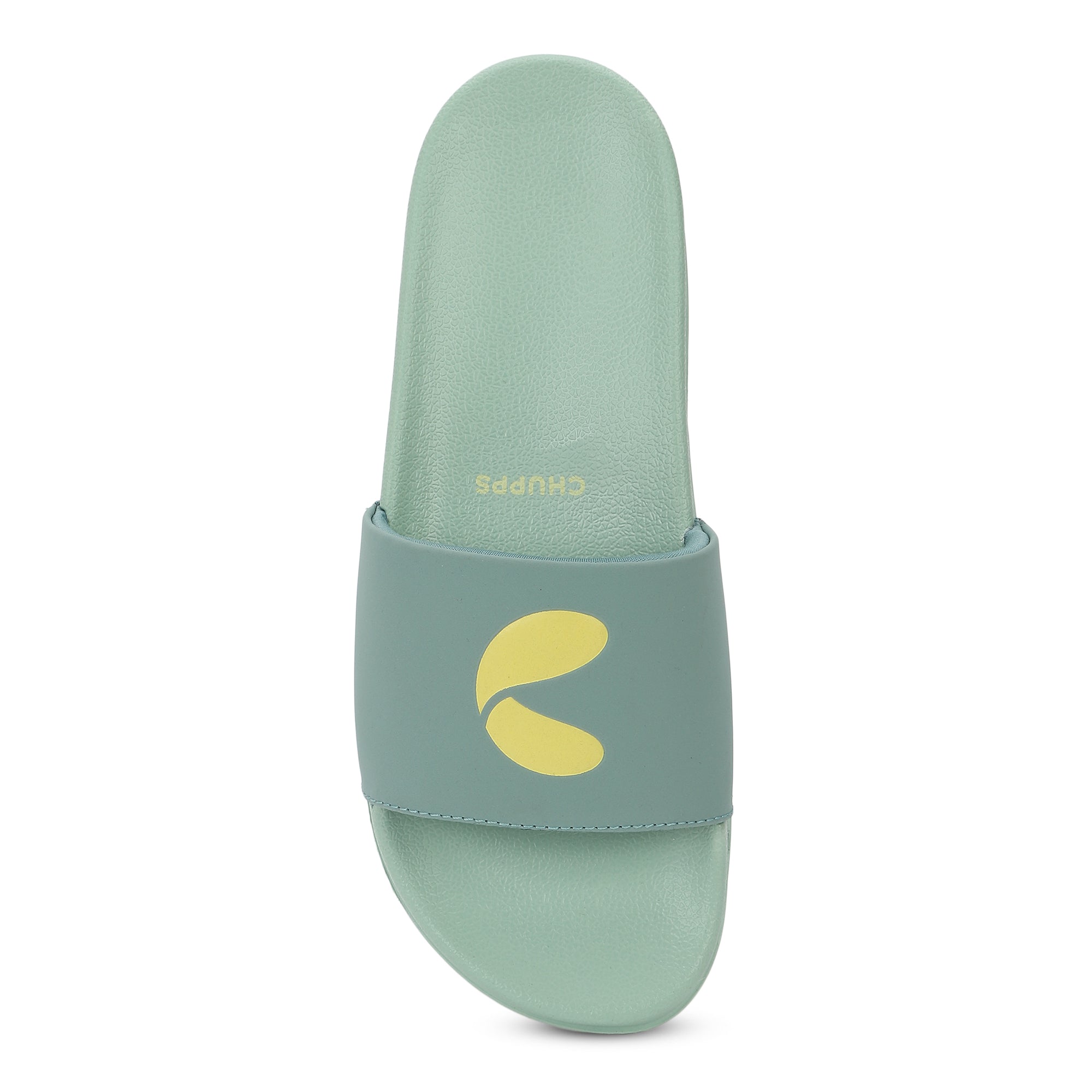 Light green slide sandal with yellow logo on a white background