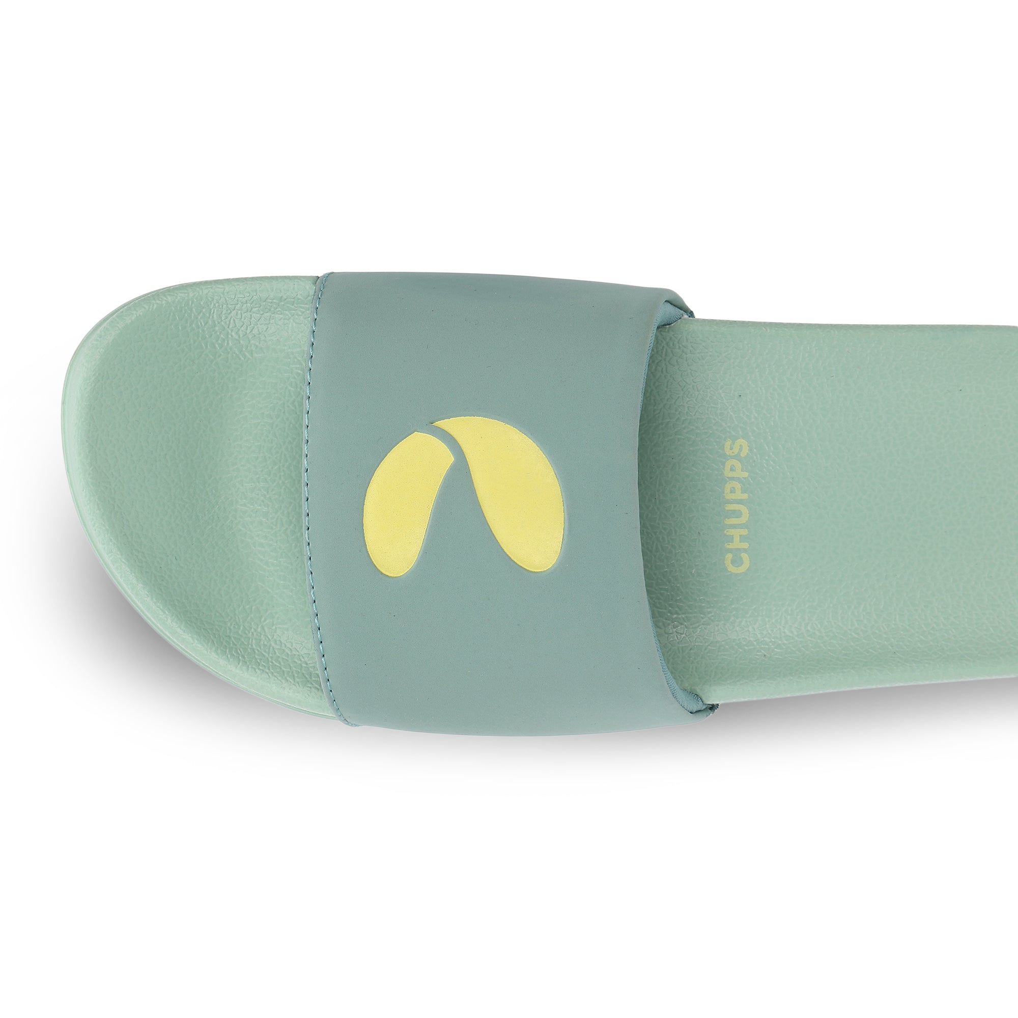 Green slide sandal with yellow logo on a white background