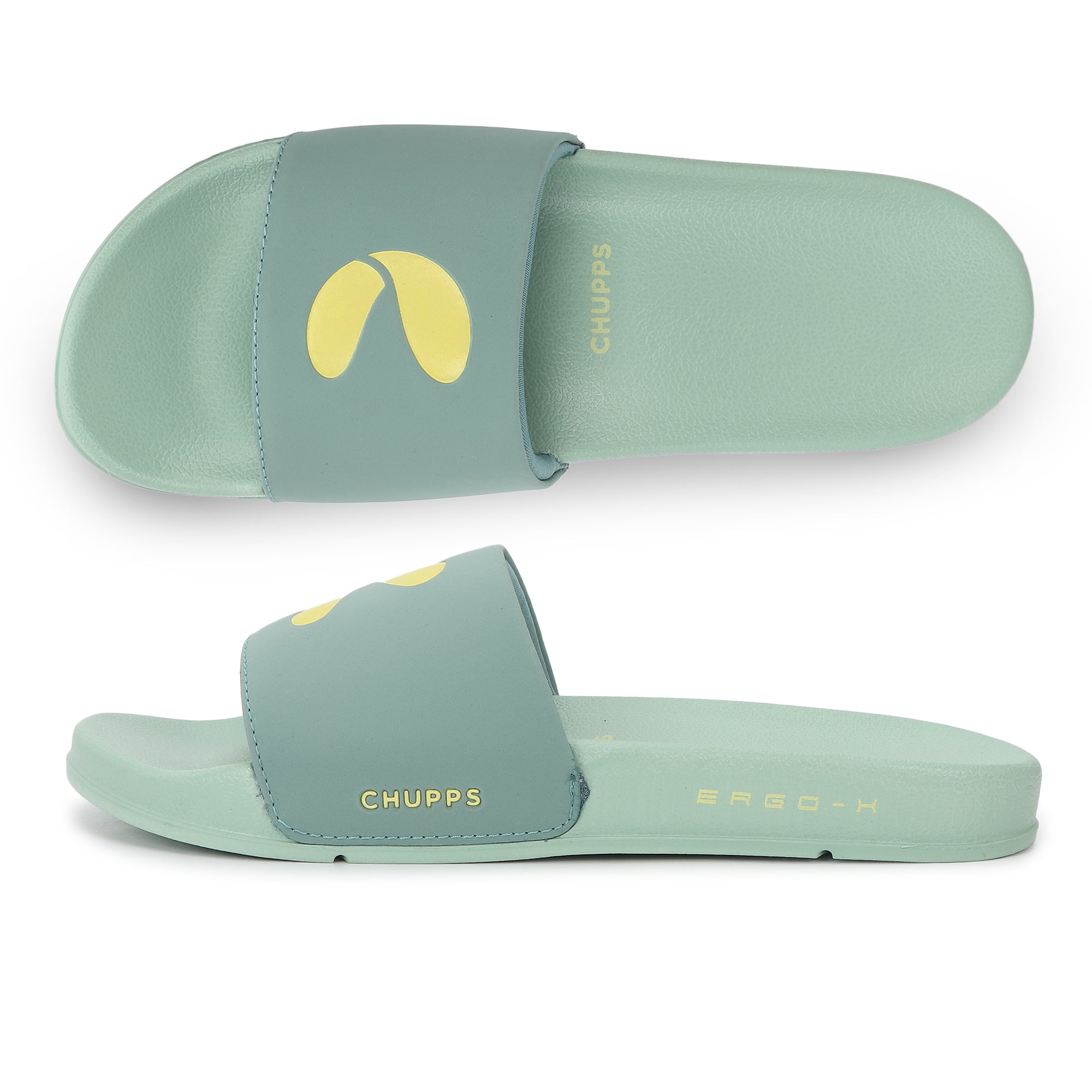 Pair of light green slides with a yellow logo on a white background
