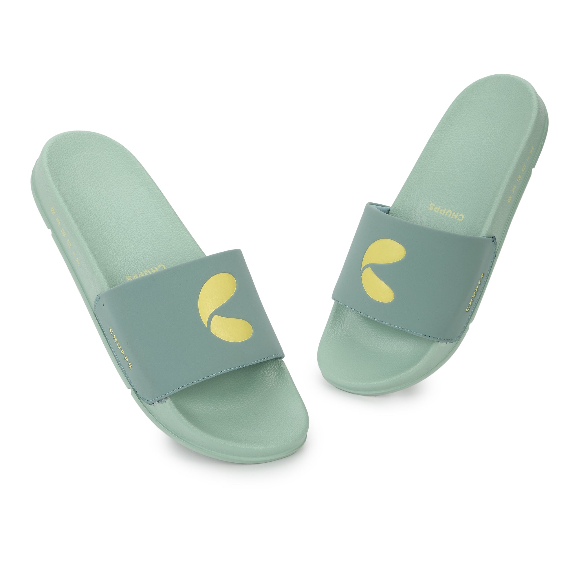 Pair of light green slides with yellow logo on a white background