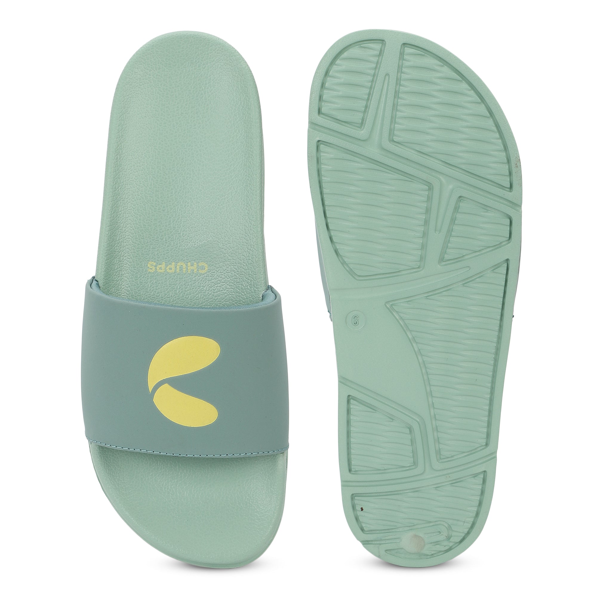 Green slide sandal with yellow logo on a white background