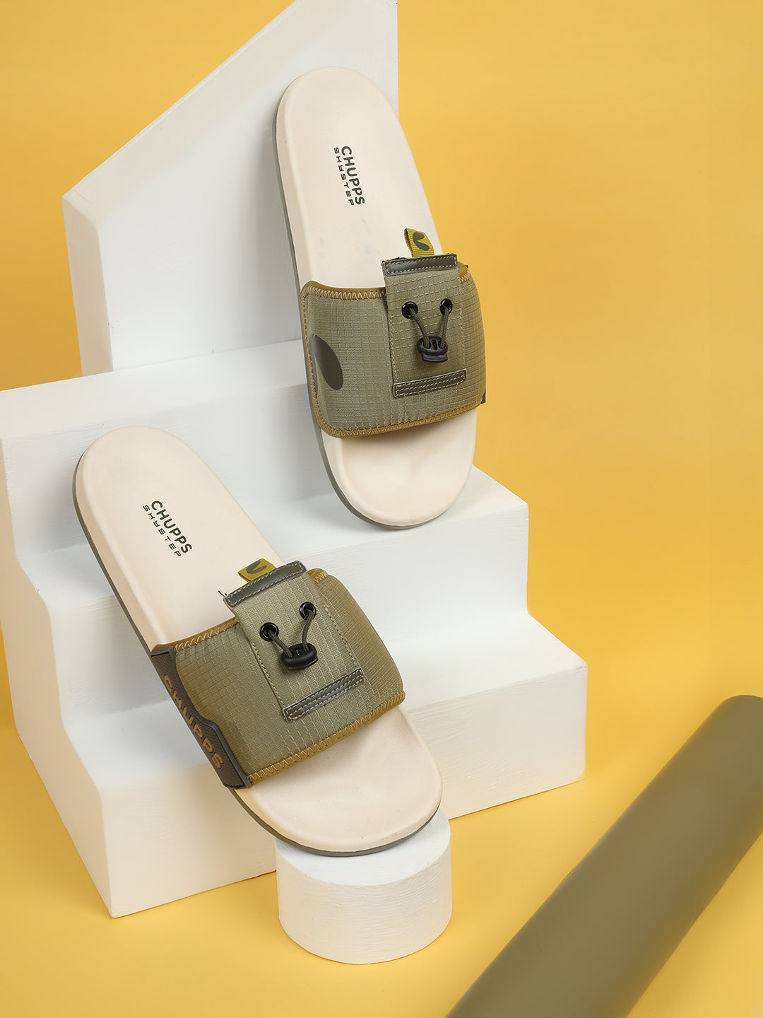 Blaze Olive Off-white Sliders top view with bold color contrast