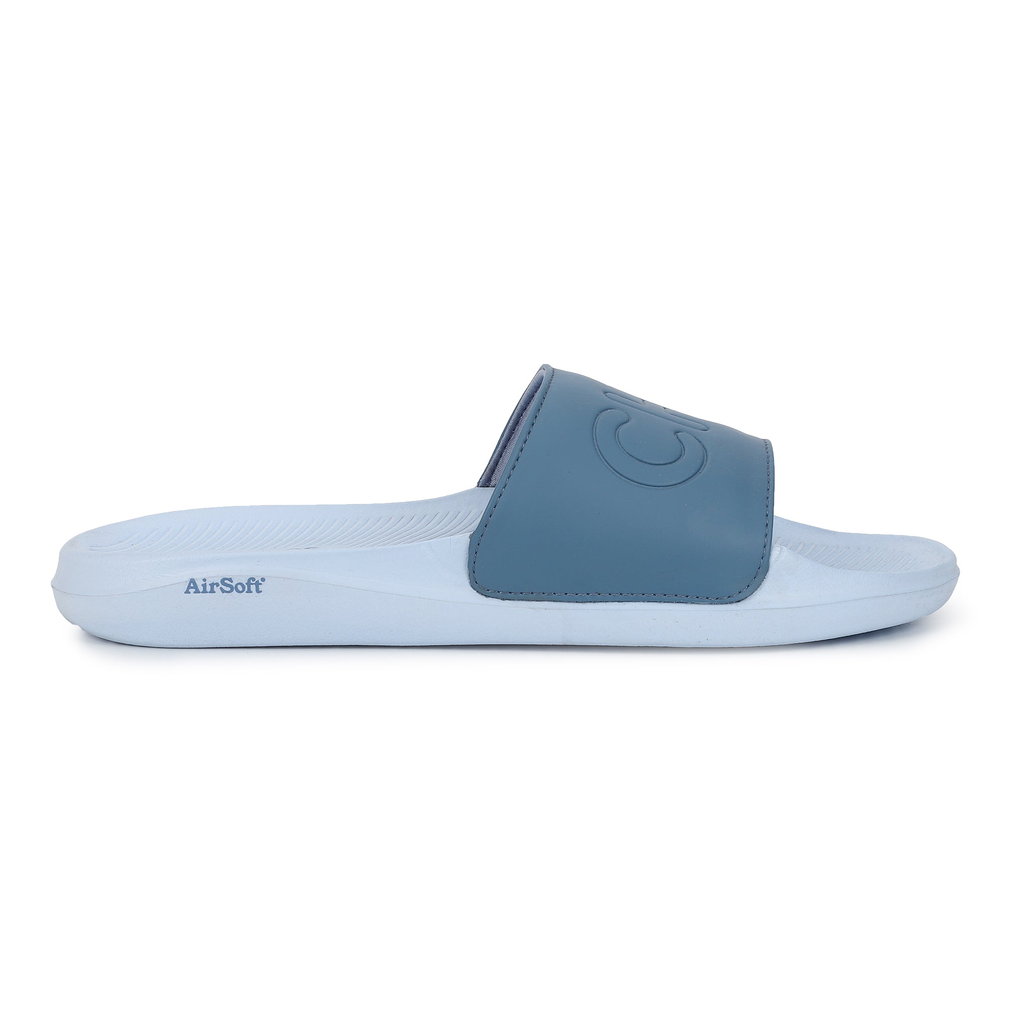 Side view of sky blue sliders for men with cushioned base
