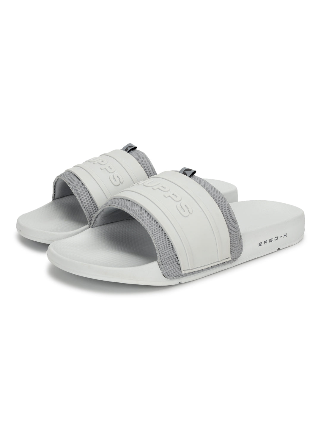 Sporty men’s sliders in light grey with silicon embossed upper , side look 