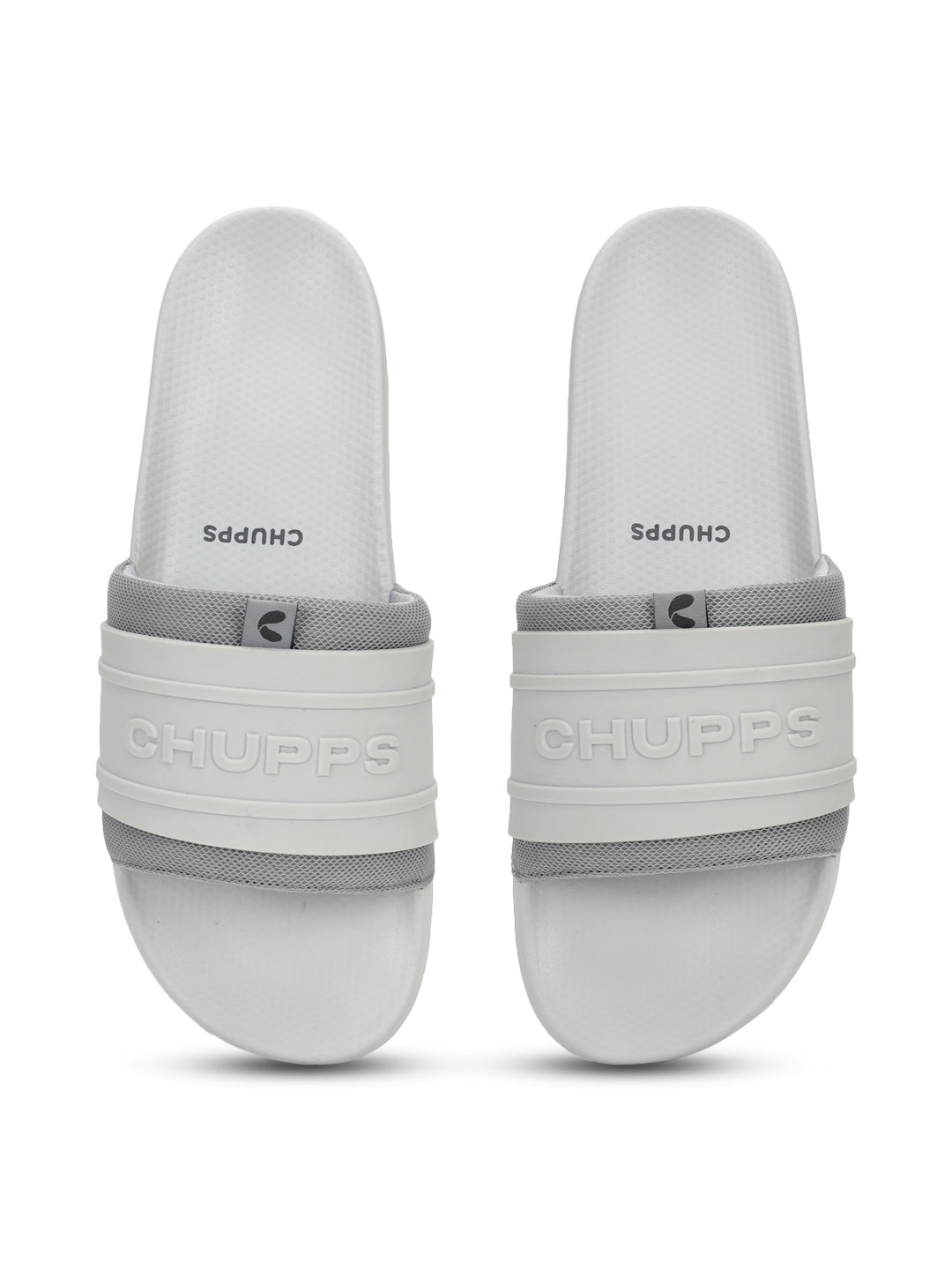 Pair of grey slides with 'CHUPPS' branding on a white background