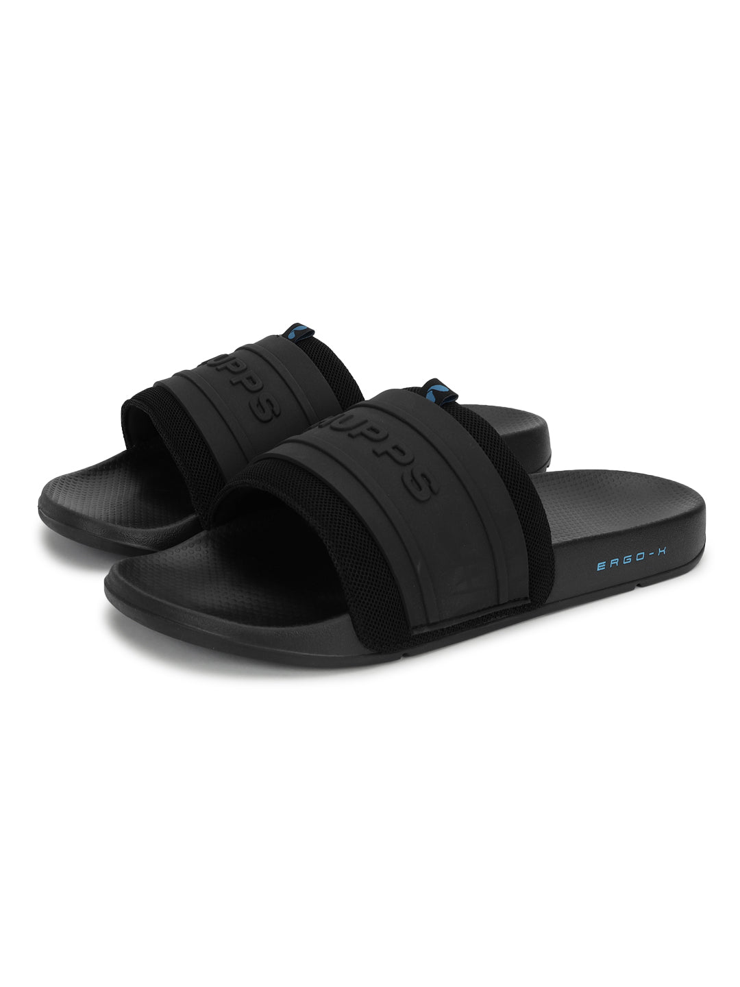 Sporty men’s black sliders with silicon embossed upper