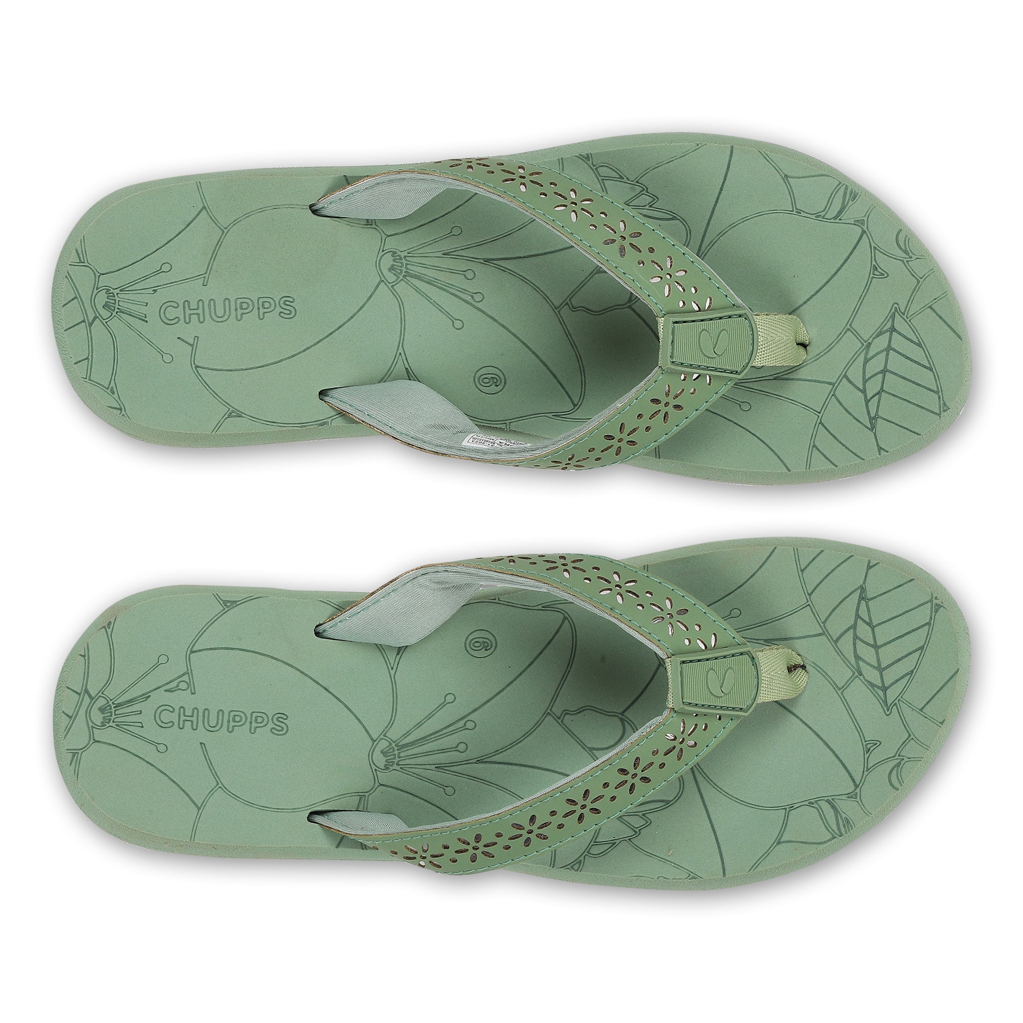 Green flip-flops for women top view with floral V-strap