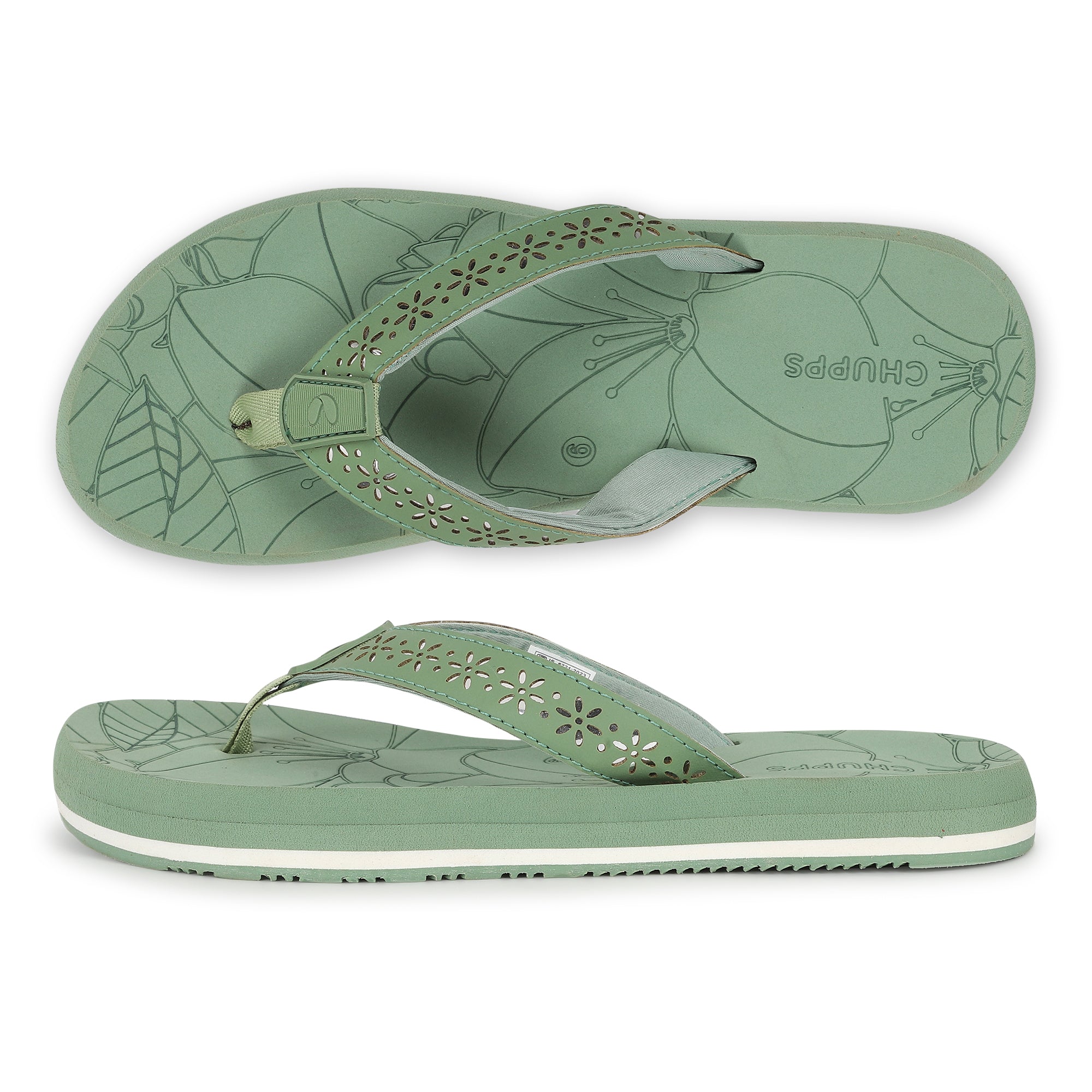 Green flip-flops for women top and side view with floral V-strap