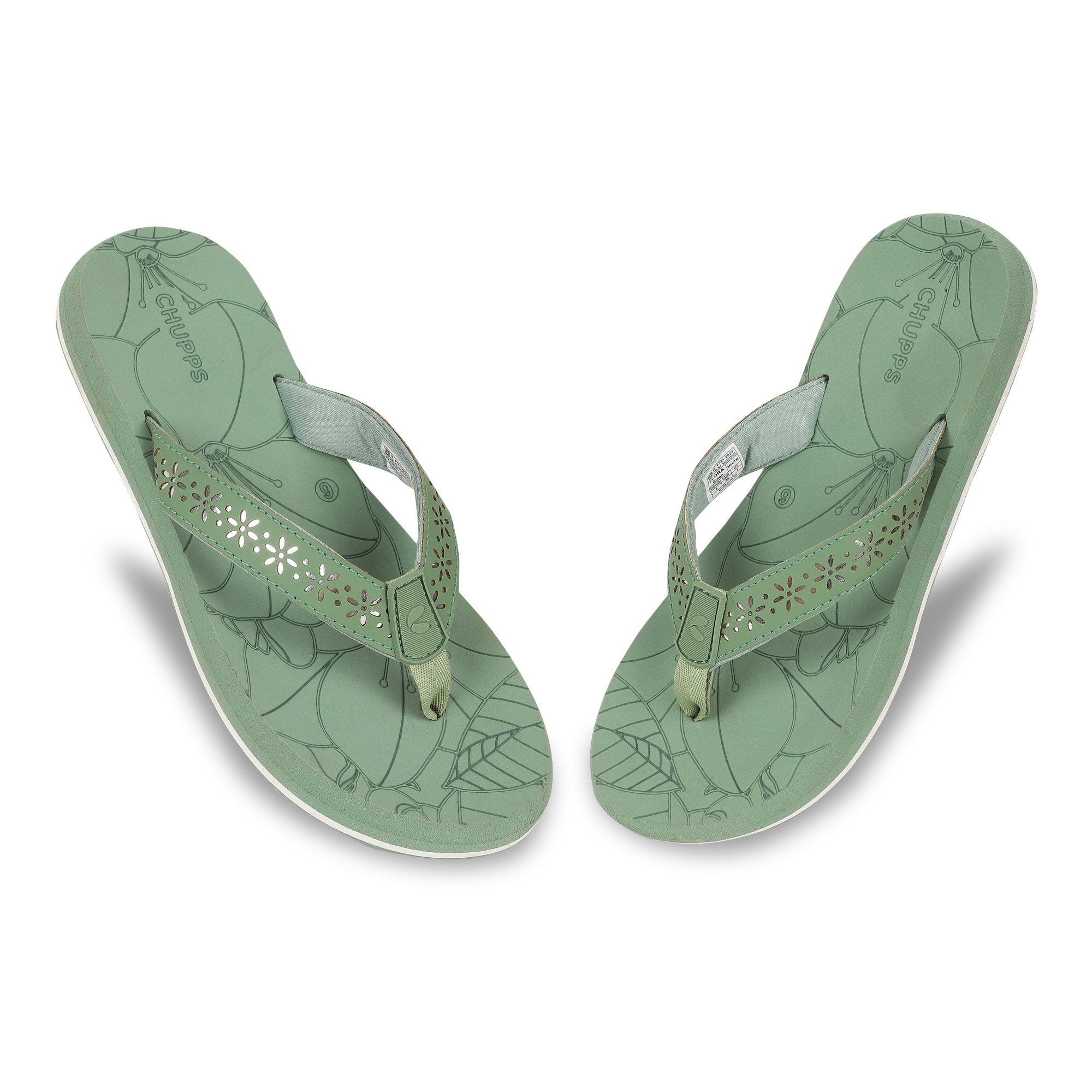 Green flip-flops for women top view with floral V-strap