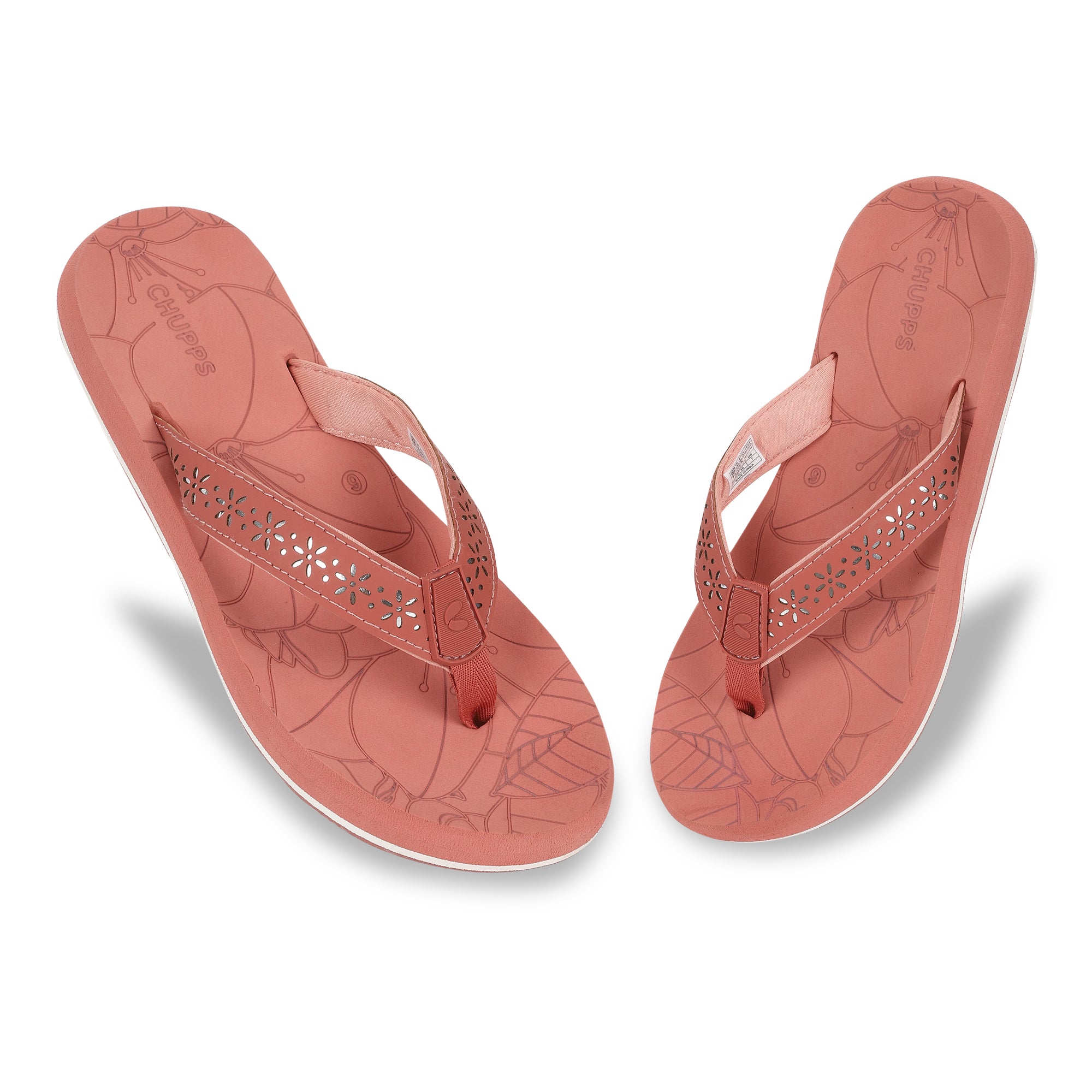Peach flip-flops for women top view with floral V-strap