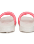 Pair of pink and white sandals on a white background