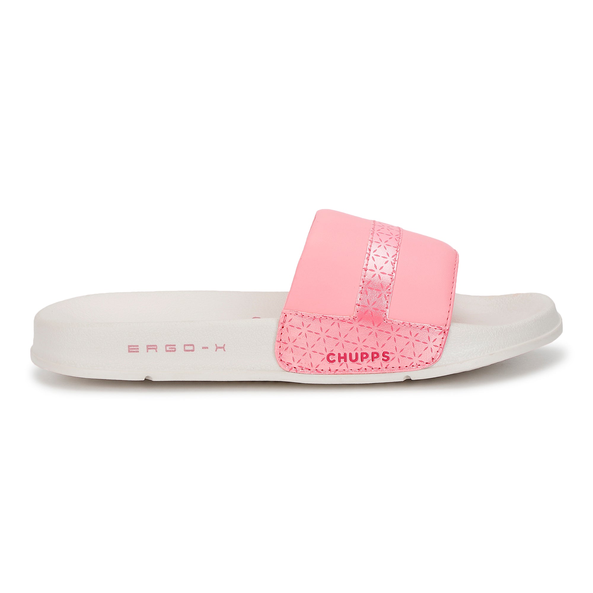 Pink and white slide sandal with &#39;Chupps&#39; branding on a white background