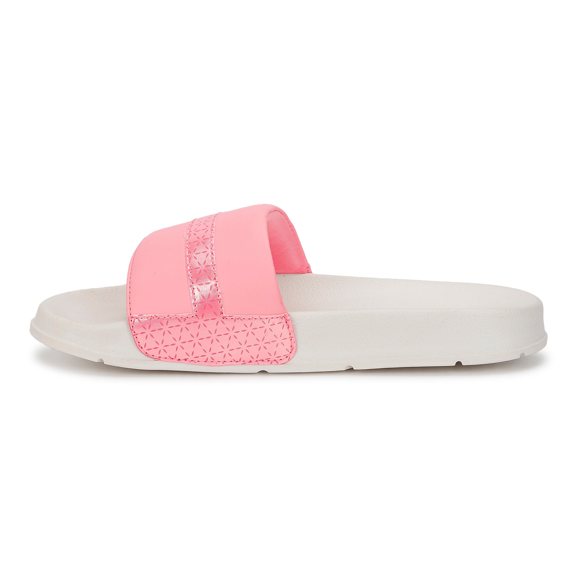 White slide sandal with pink strap on a white background