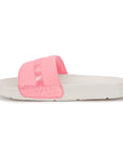 White slide sandal with pink strap on a white background