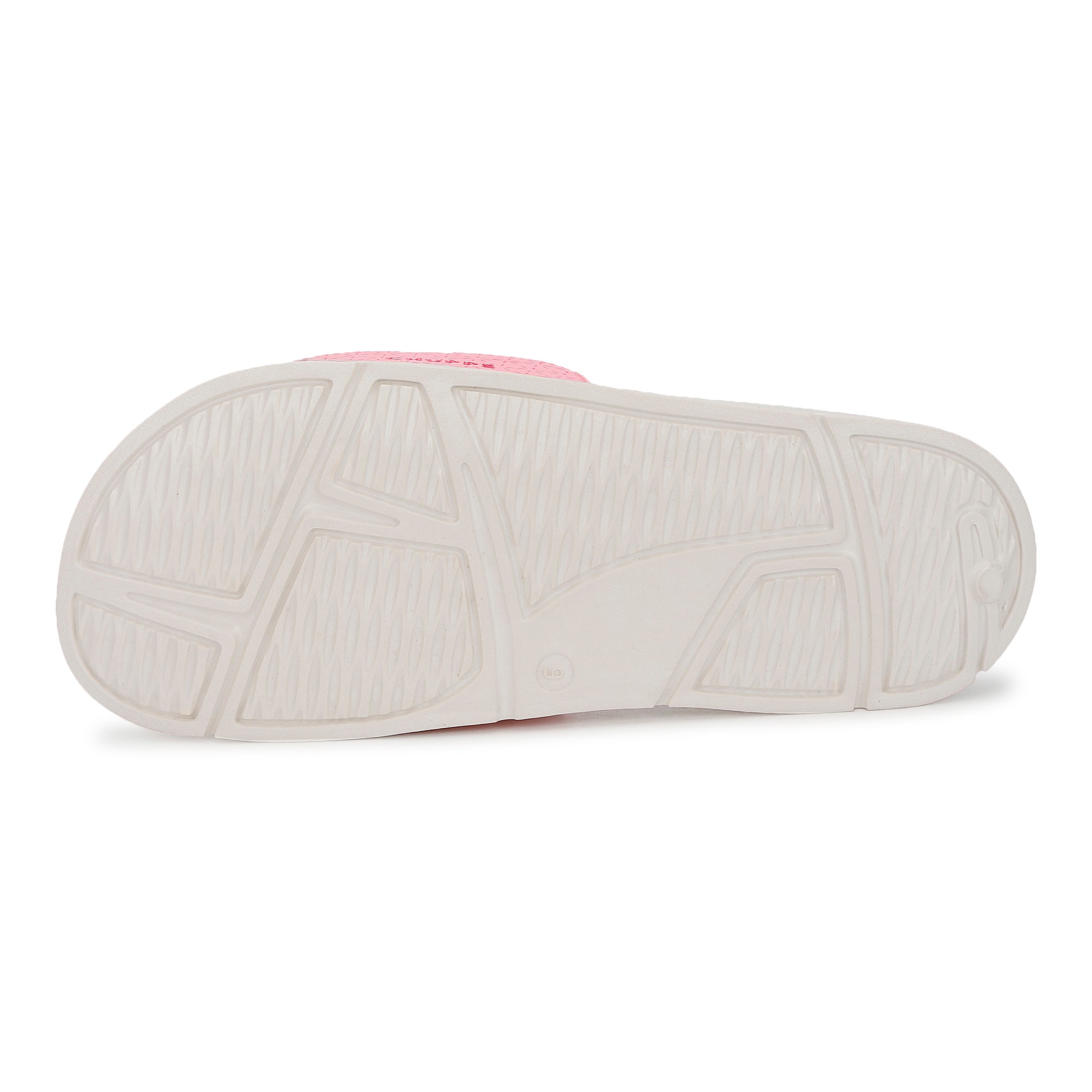 White sandal sole with pink heel tab on a white background