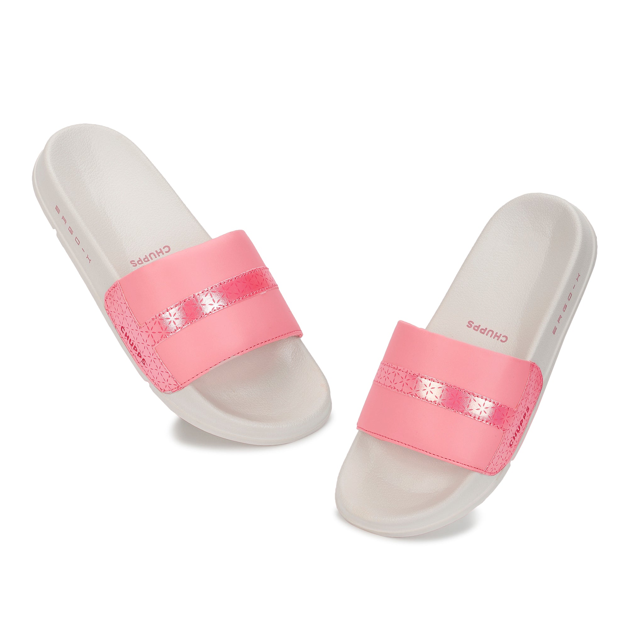 White slides with pink straps on a white background