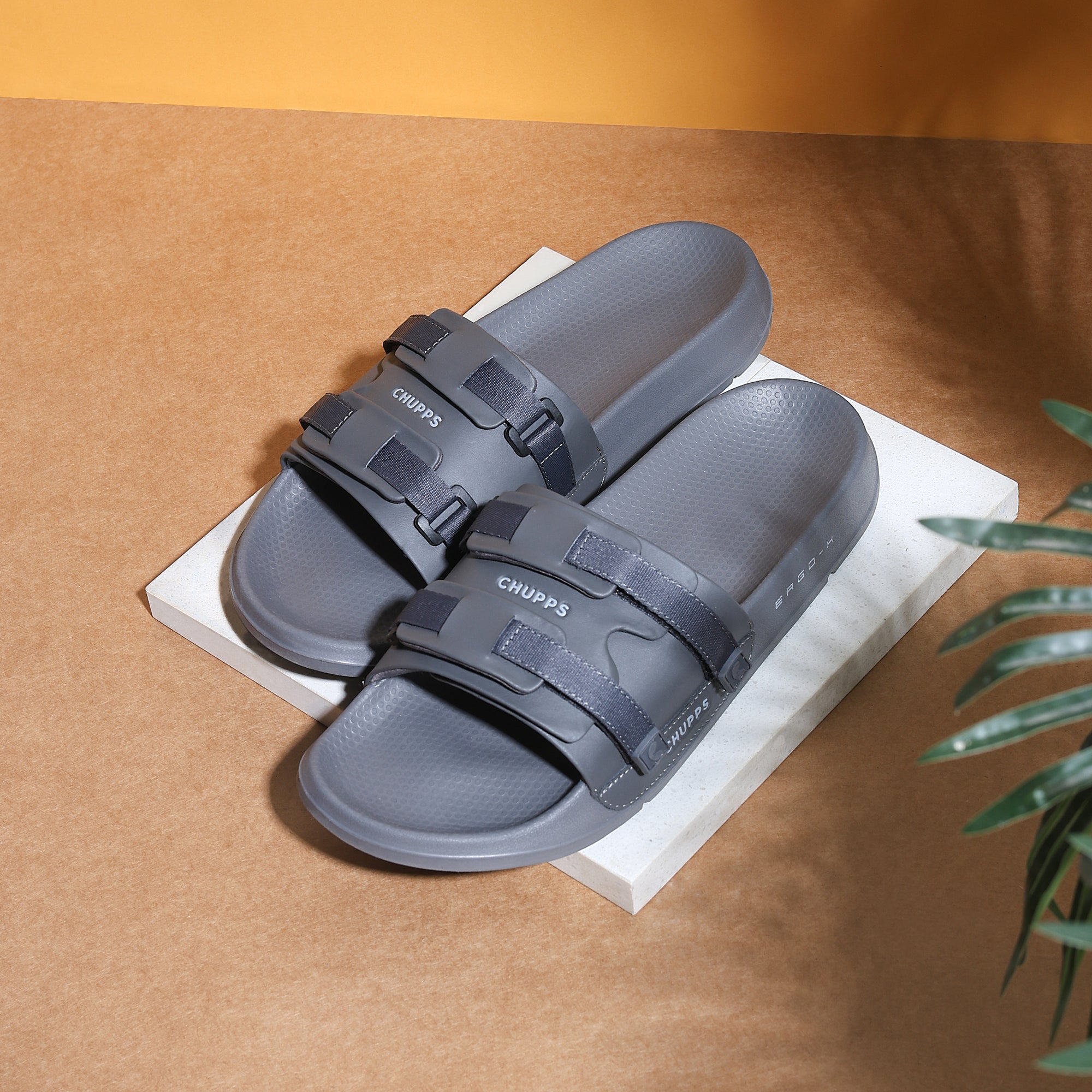Top view of Chupps Element Dark Grey Sliders showing ERGO X footbed