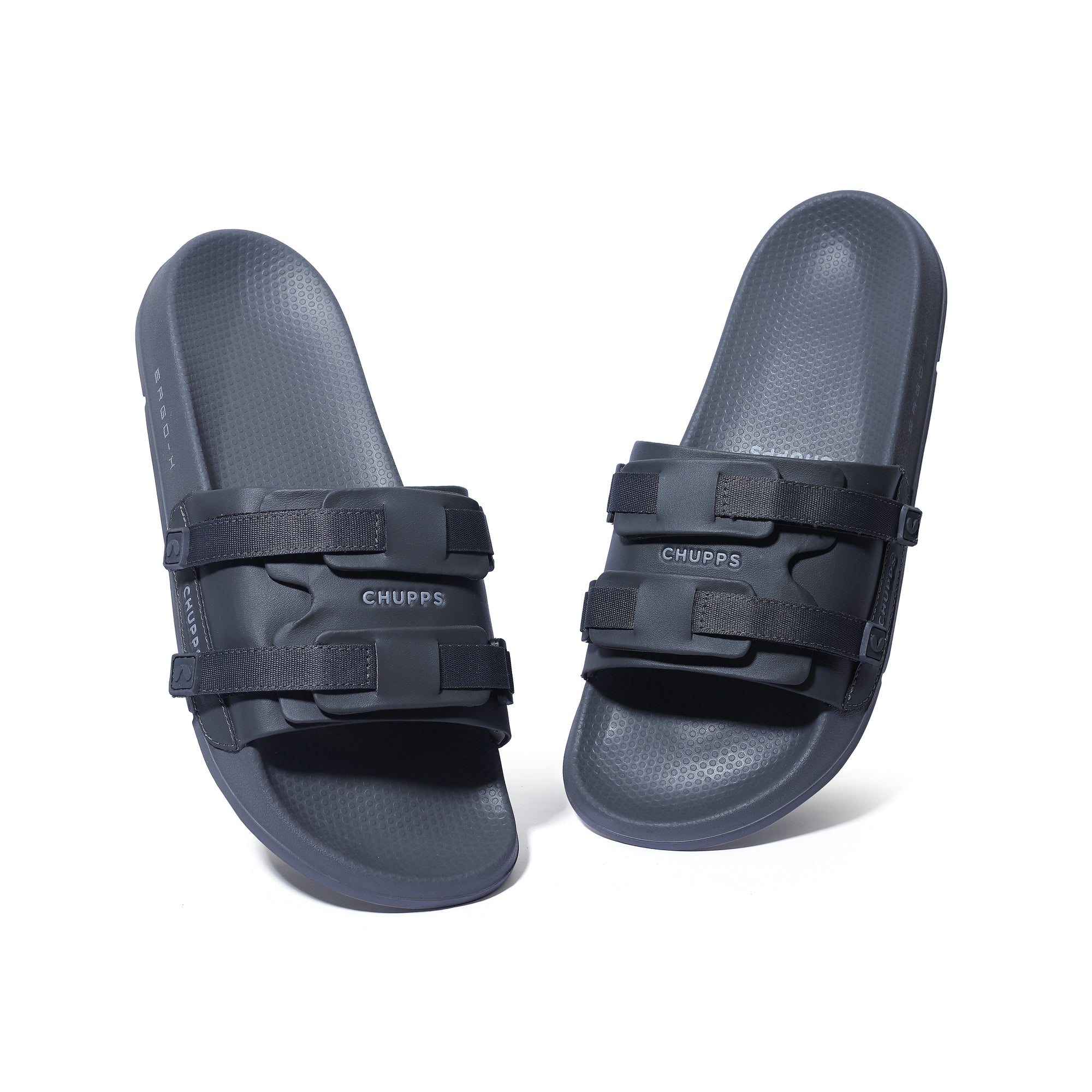 Frontal view of Chupps Element Dark Grey Sliders showing straps and flap arrangement