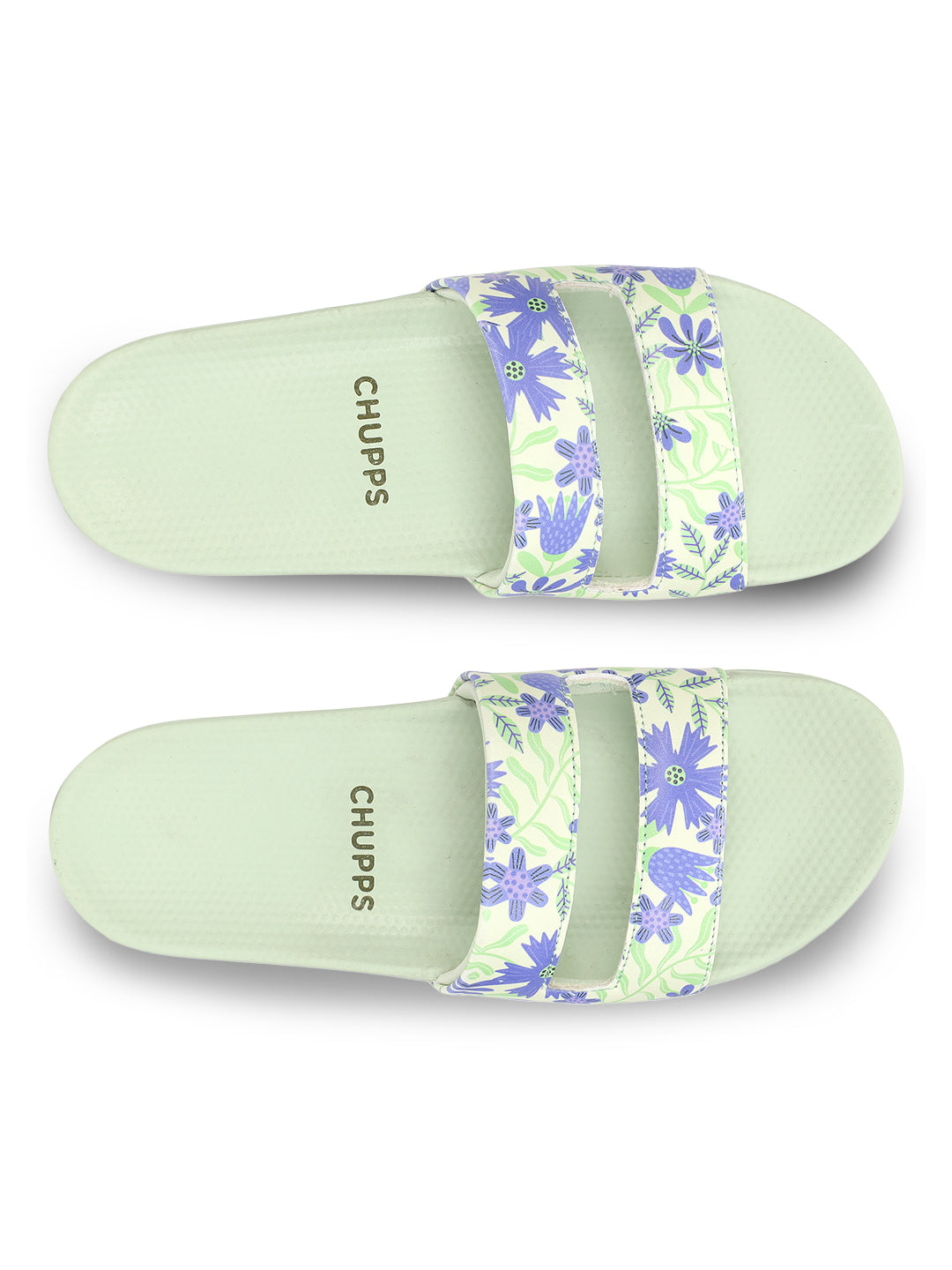Close-up of floral detail on lime strap