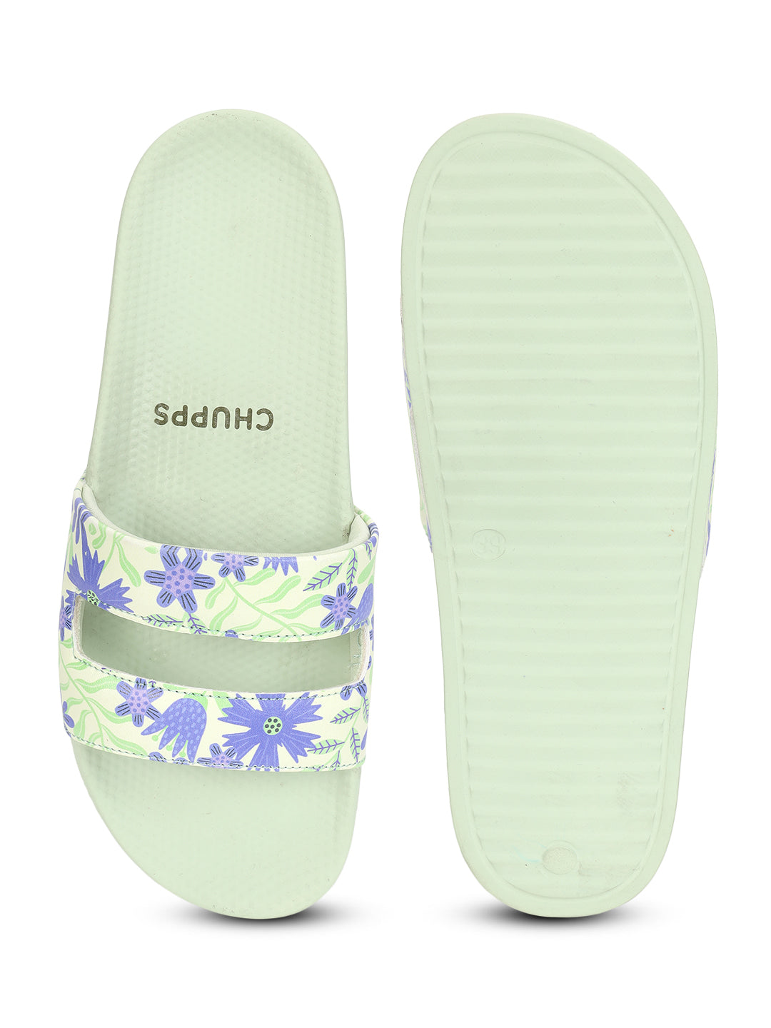 Lime green slider with floral print upper and grippy sole.