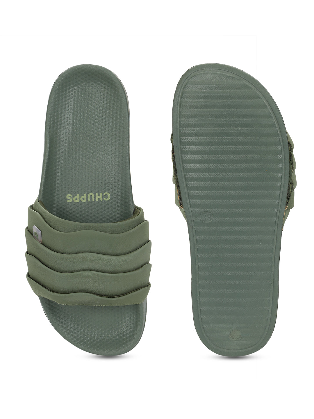 Calm green tone for relaxed style, top view of flap and sole