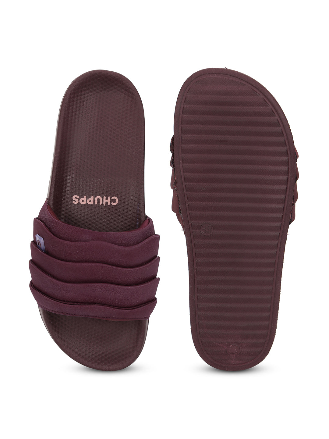 Flap and sole view of casual sandal in rich maroon tone