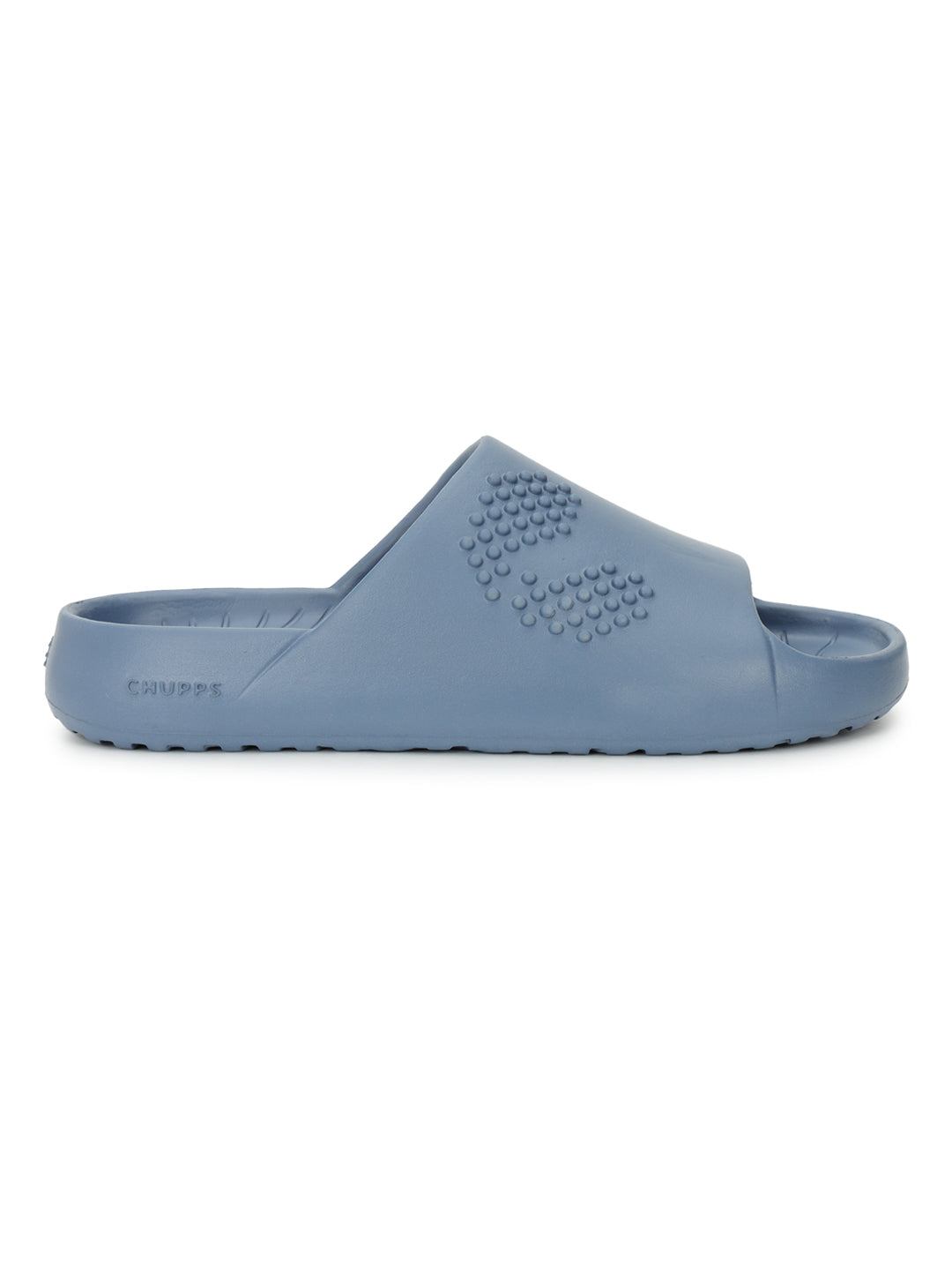 Side view of a single Chupster petrol navy in white background .Textured sole for better grip on wet floors .

