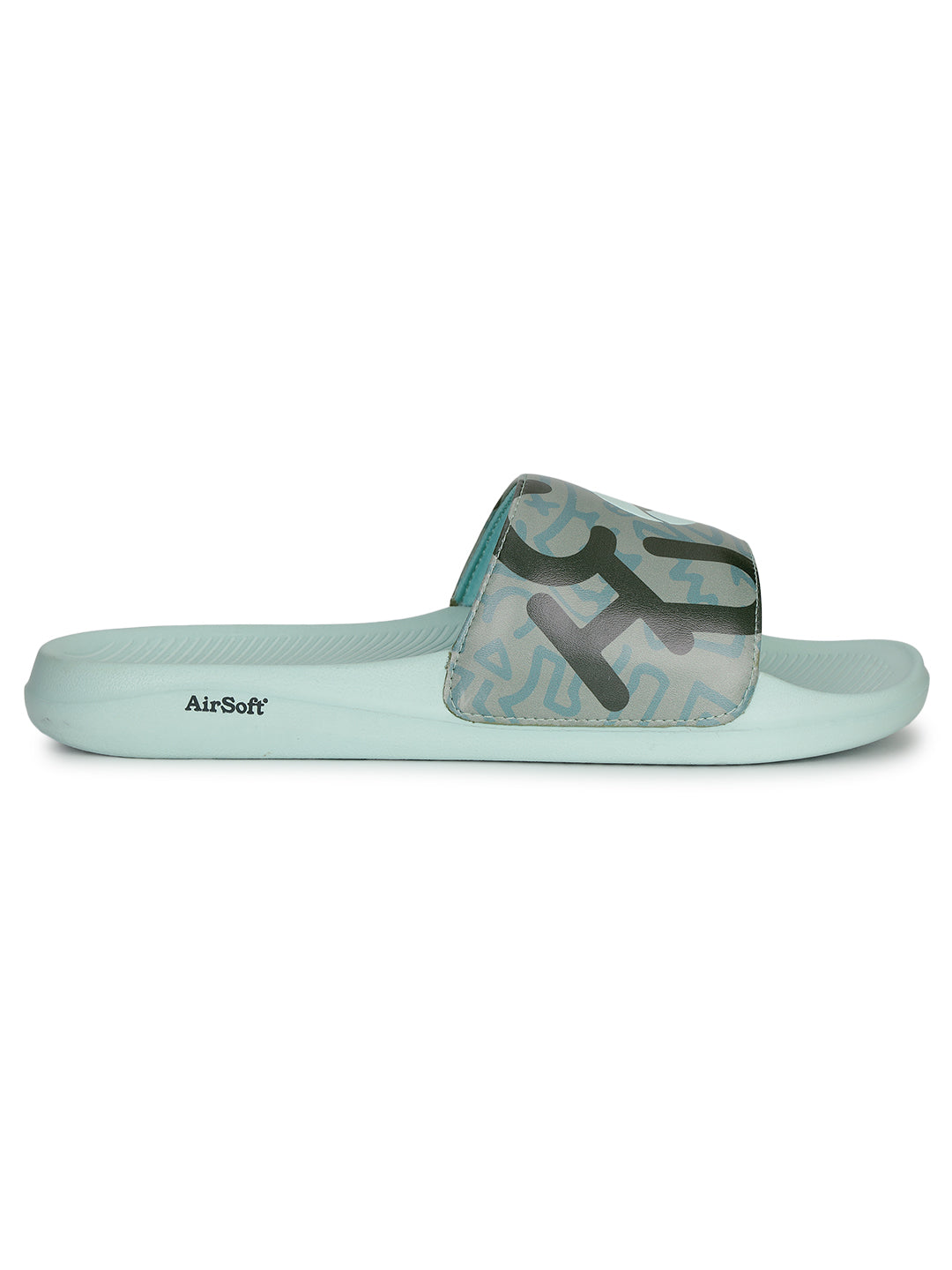 Side view of the light green slide sandal with camouflage pattern on  slip-on sliders for men with traction sole