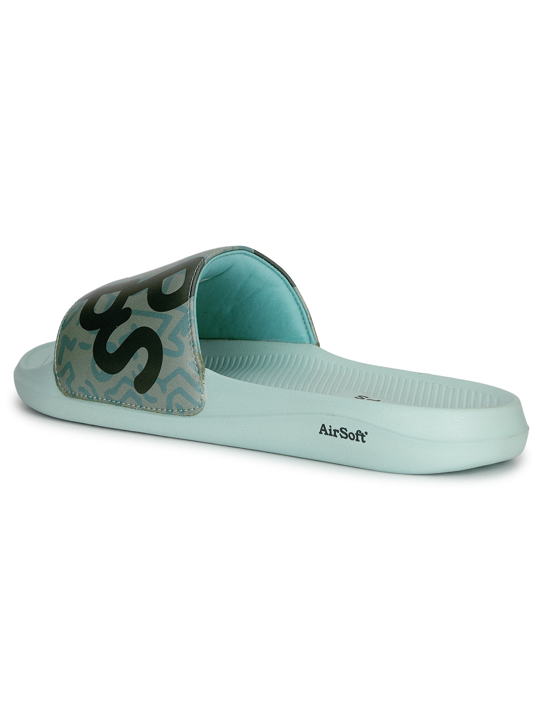 Light blue slide sandal with a camouflage strap and &#39;Airsoft&#39; sole on a white background