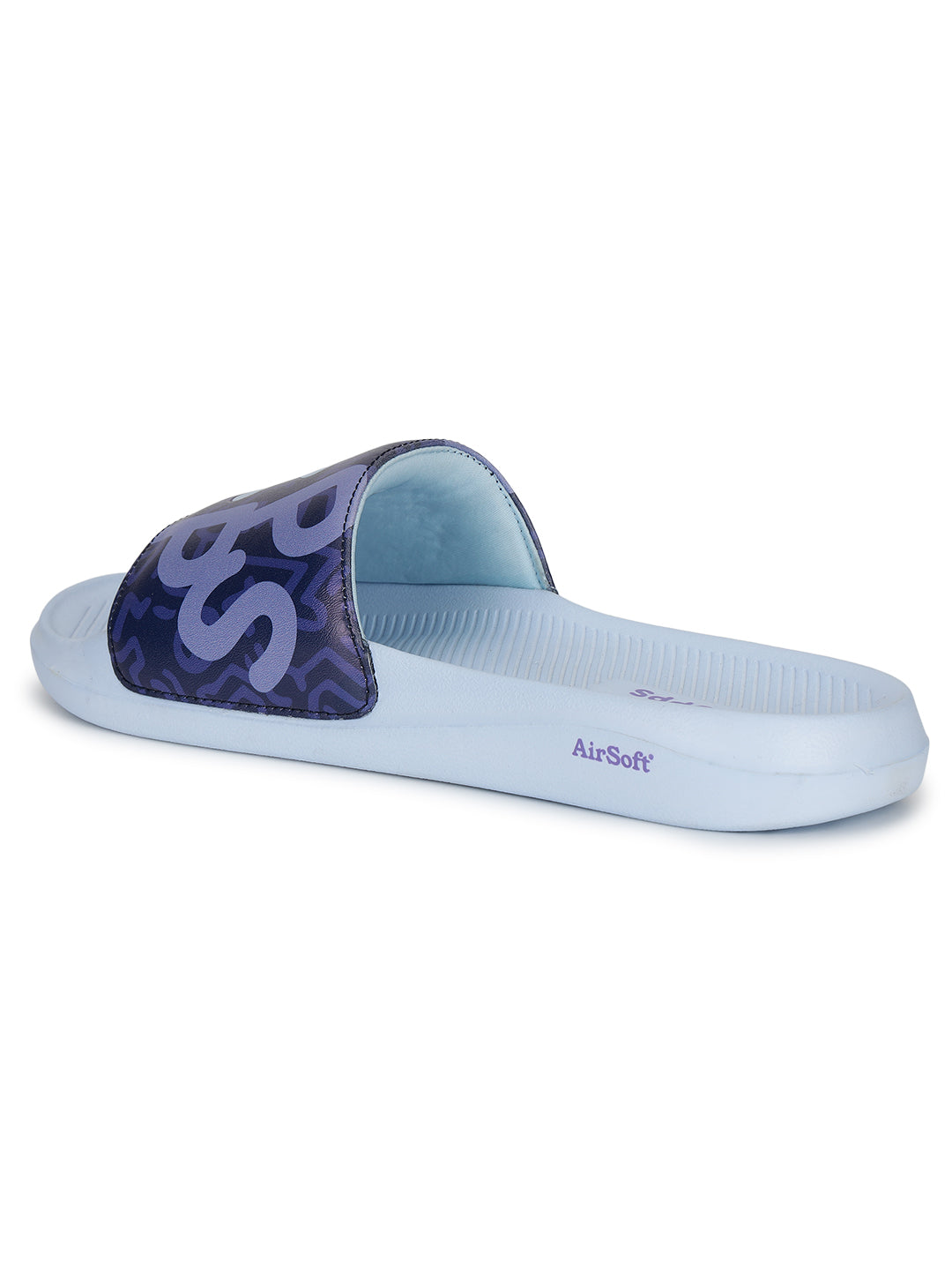 Purple slide sandal with &#39;Airsoft&#39; branding on a white background