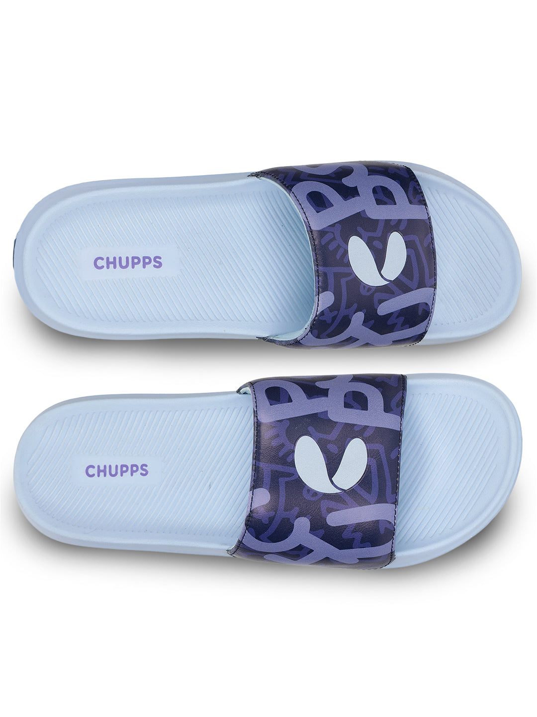 Modern men’s navy blue sliders with graphic upper